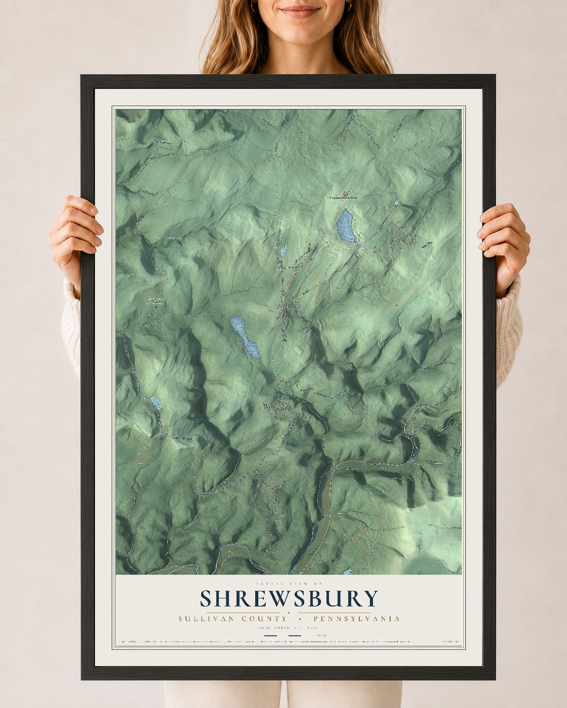Map of Shrewsbury, Sullivan County, Pennsylvania, 24 x 36 inch print in a black wood frame