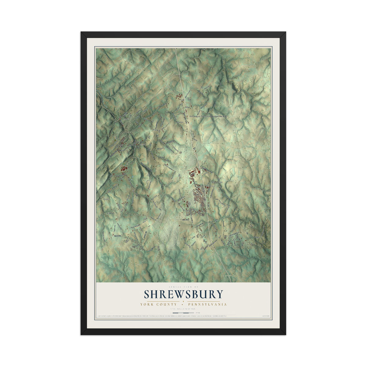 Map of Shrewsbury, York County, Pennsylvania, 12 x 18 inch print in a black wood frame