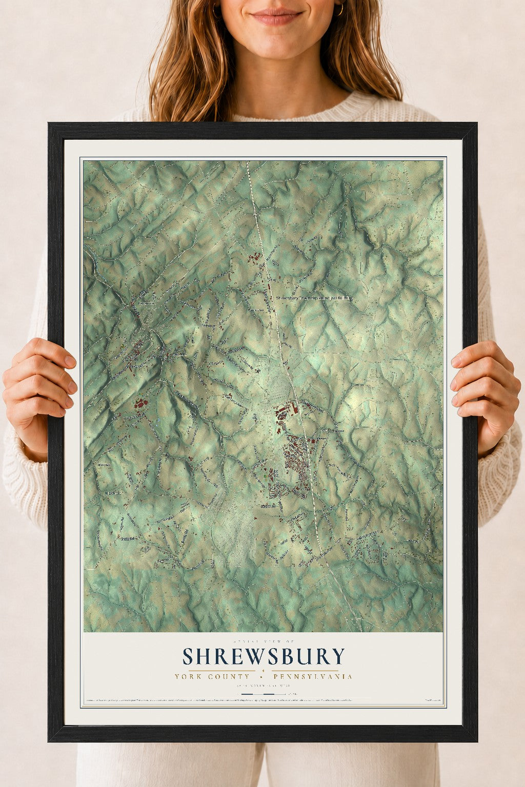 Map of Shrewsbury, York County, Pennsylvania, 18 x 24 inch print in a black wood frame