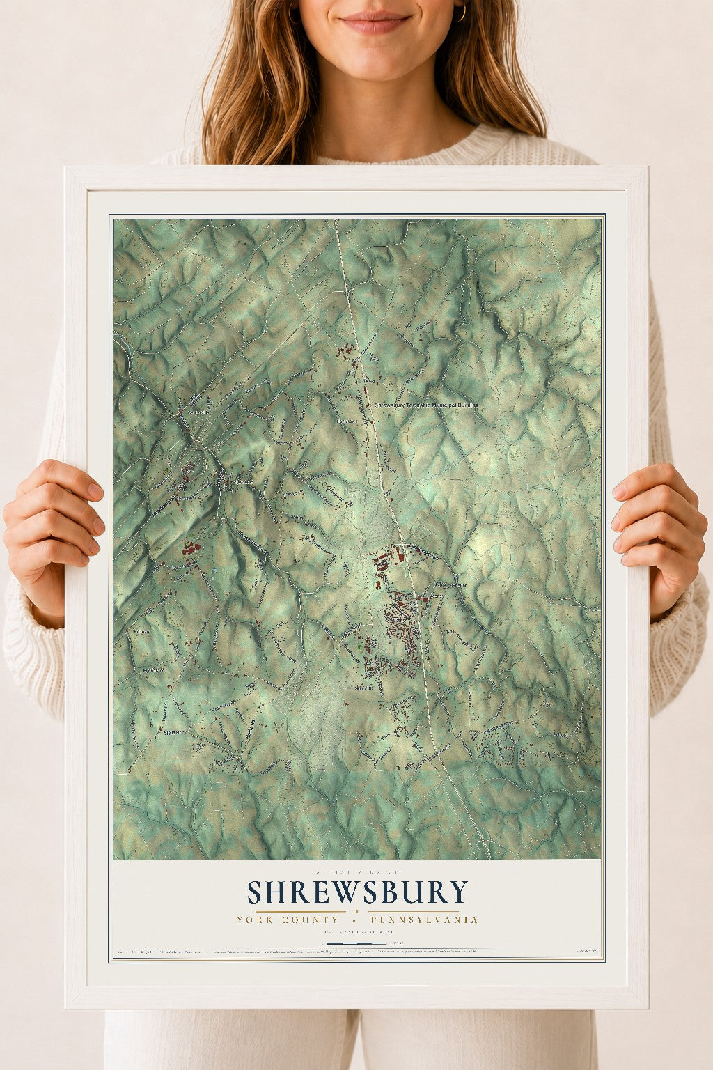 Map of Shrewsbury, York County, Pennsylvania, 18 x 24 inch print in a white wood frame