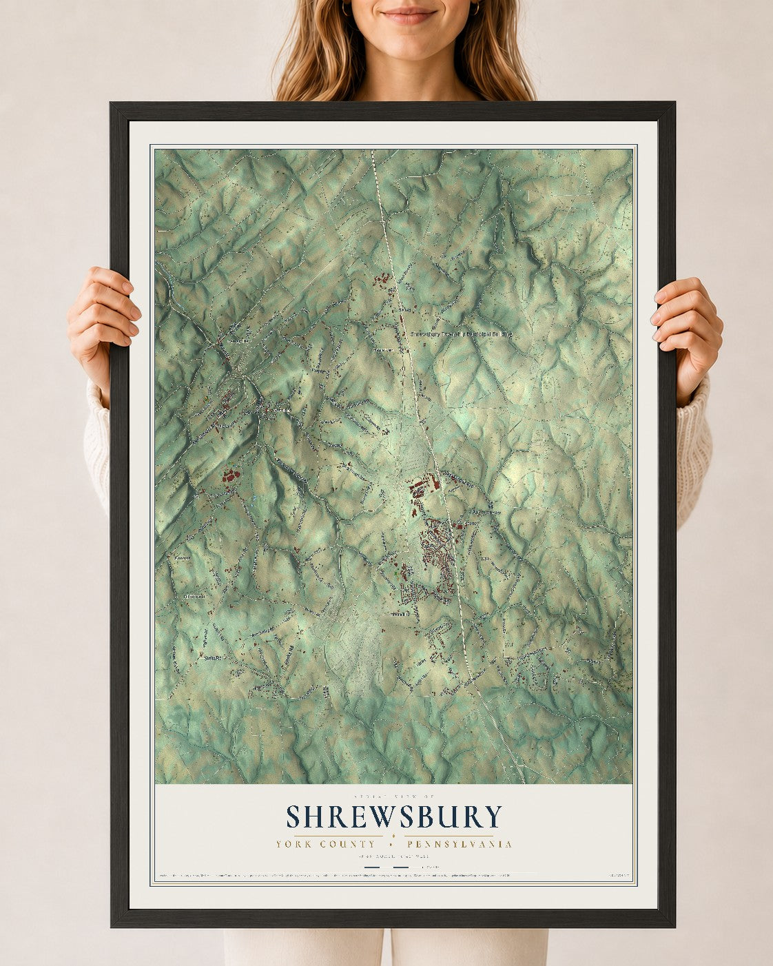 Map of Shrewsbury, York County, Pennsylvania, 24 x 36 inch print in a black wood frame