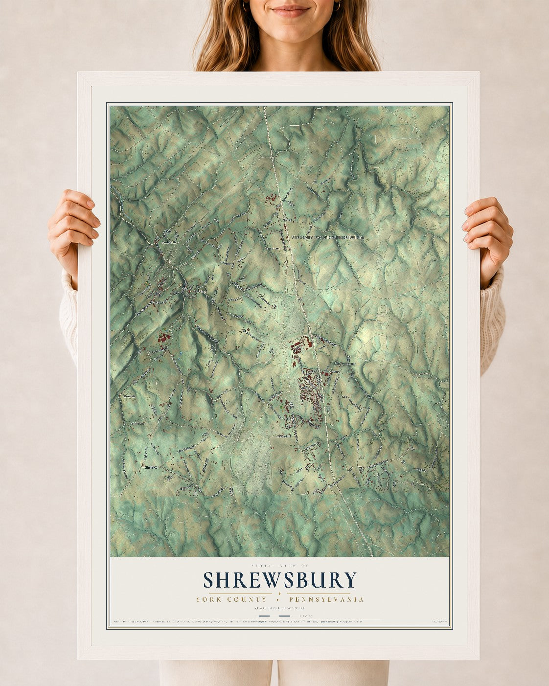 Map of Shrewsbury, York County, Pennsylvania, 24 x 36 inch print in a white wood frame
