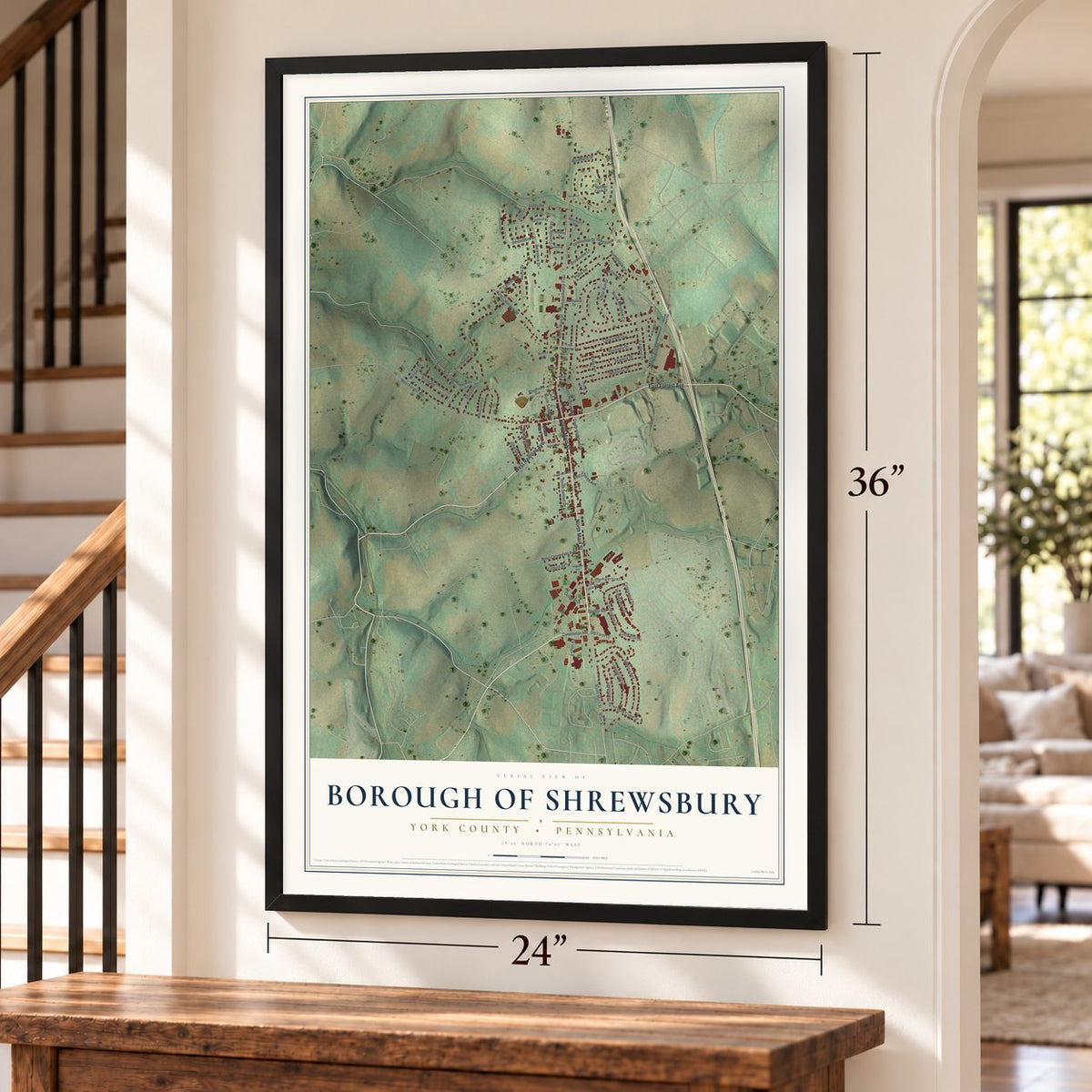 Borough of Shrewsbury, York County, Pennsylvania map, 24 x 36 inch print in a black frame by a staircase