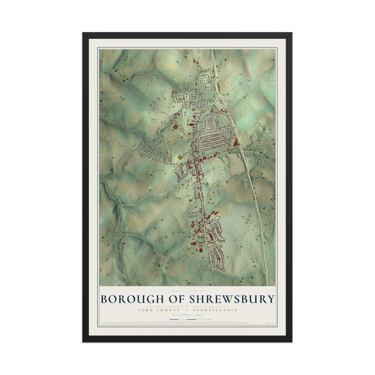 Map of the Borough of Shrewsbury, York County, Pennsylvania, 12 x 18 inch print in a black wood frame