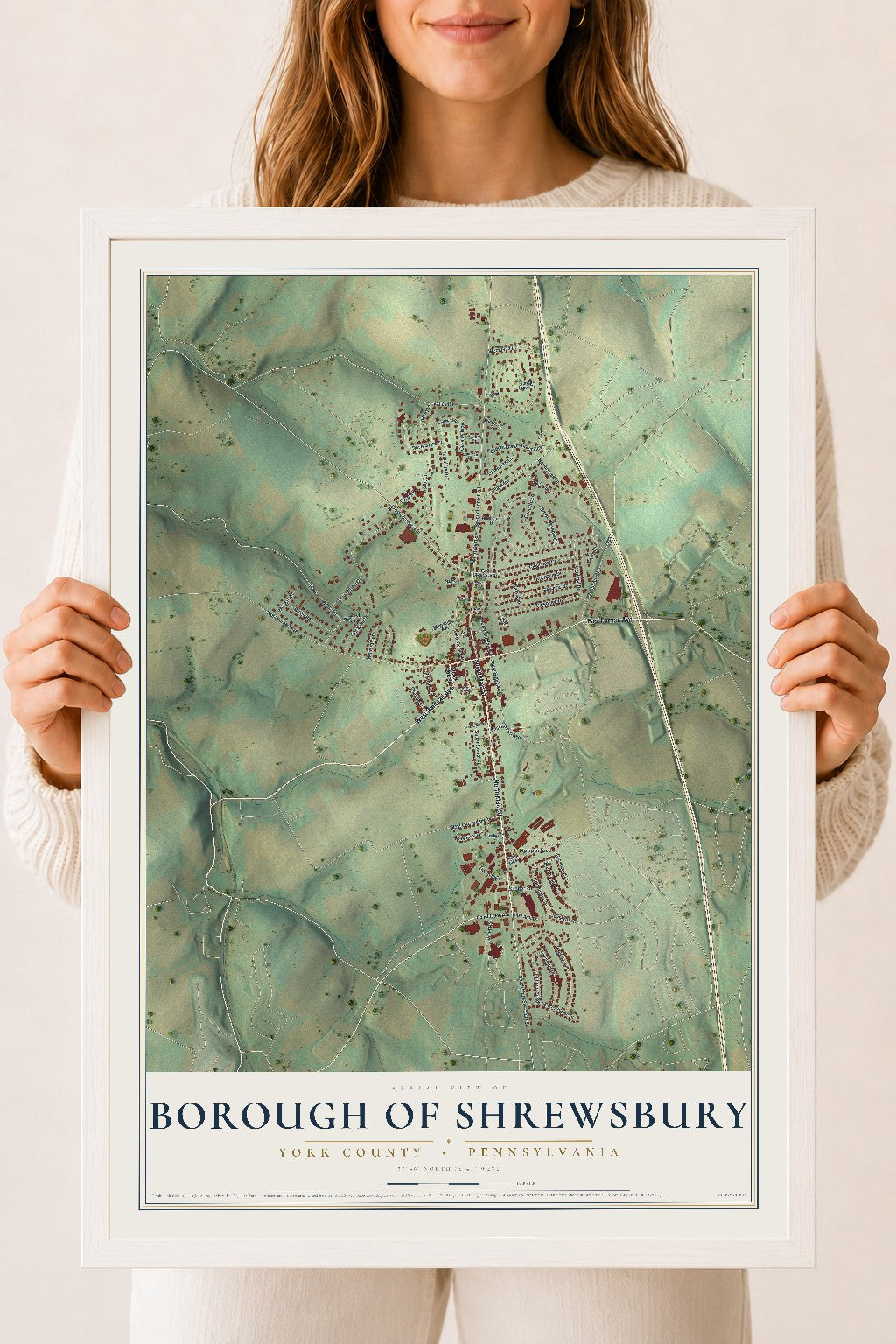 Map of the Borough of Shrewsbury, York County, Pennsylvania, 18 x 24 inch print in a white wood frame