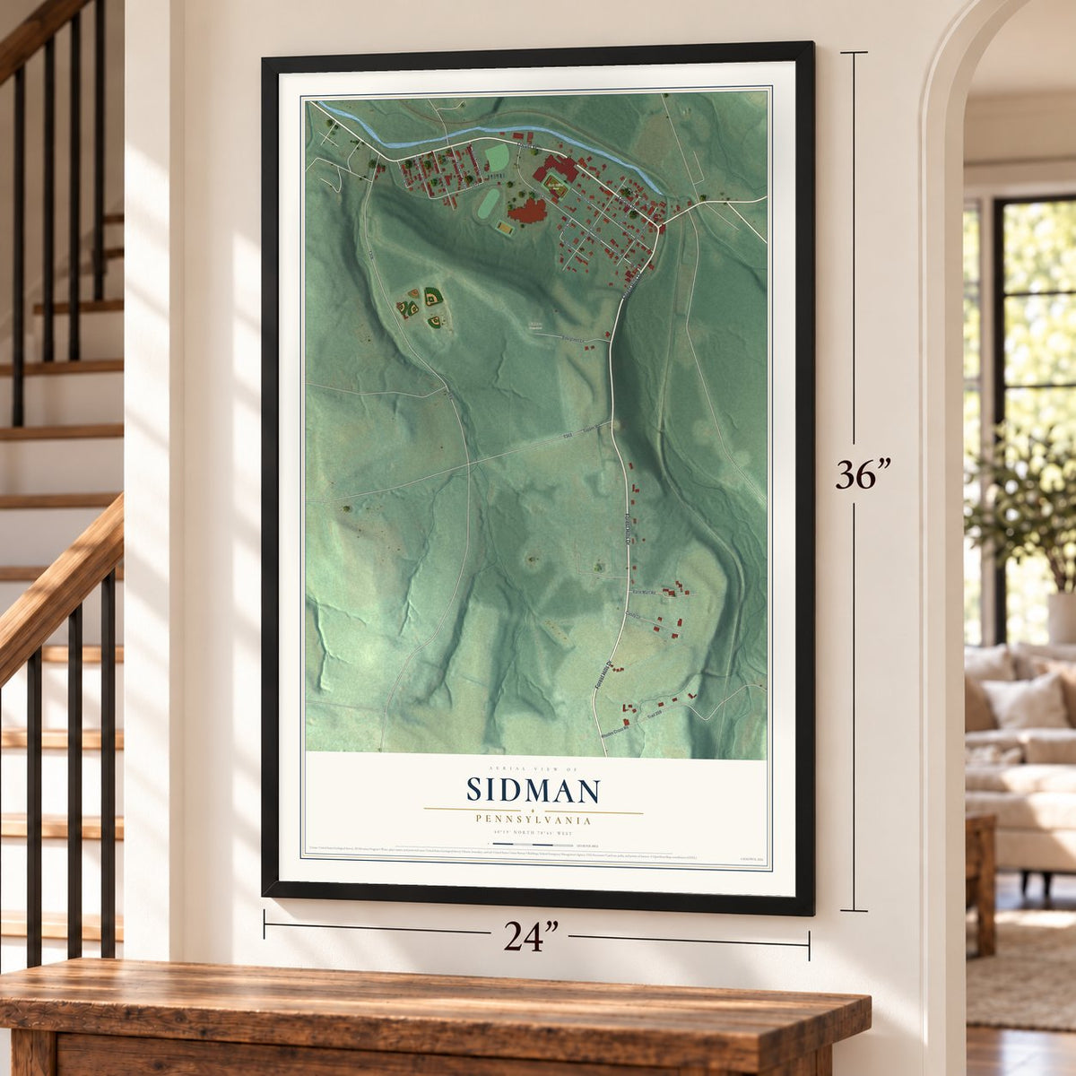 Sidman, Pennsylvania map, 24 x 36 inch print in a black frame by a staircase