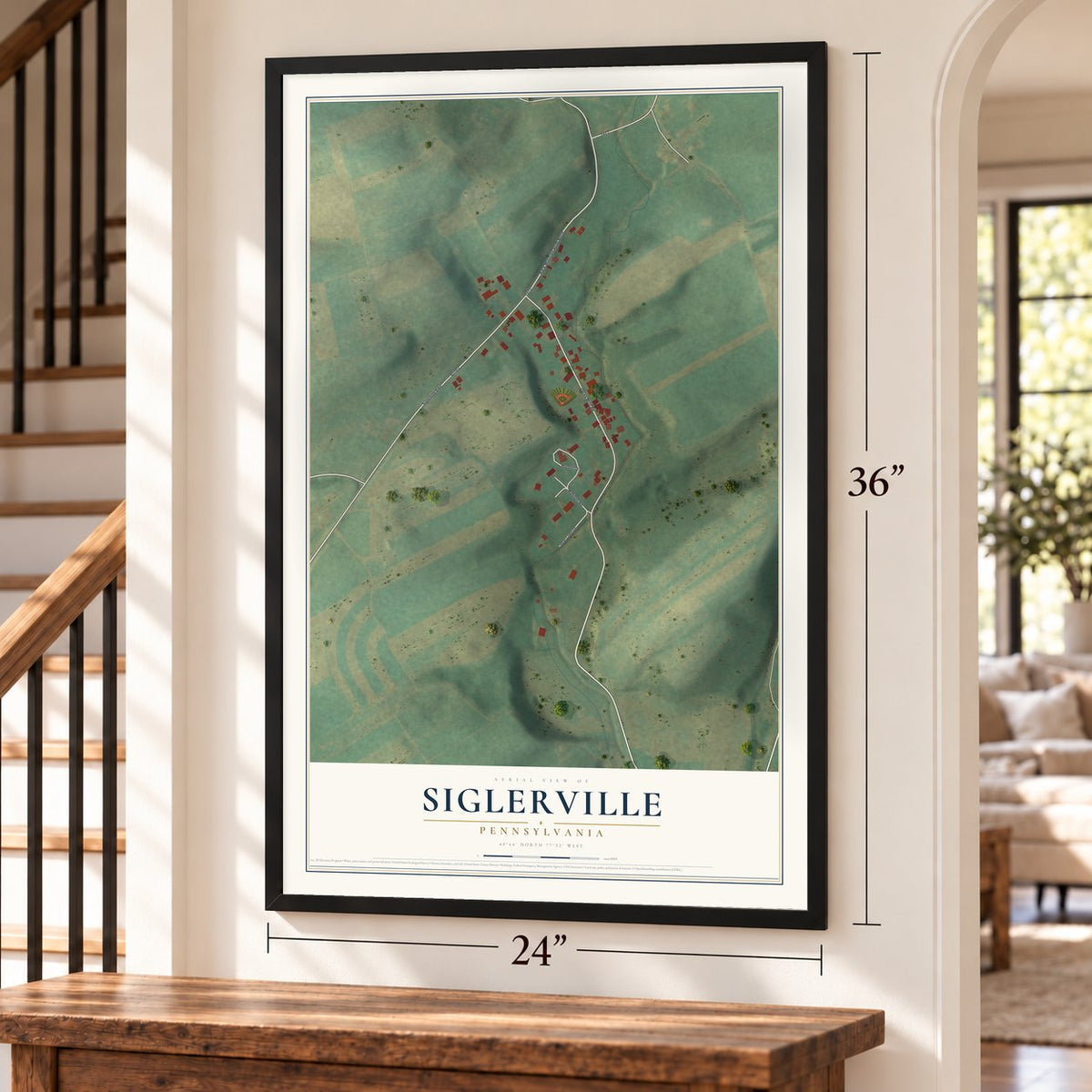 Siglerville, Pennsylvania map, 24 x 36 inch print in a black frame by a staircase