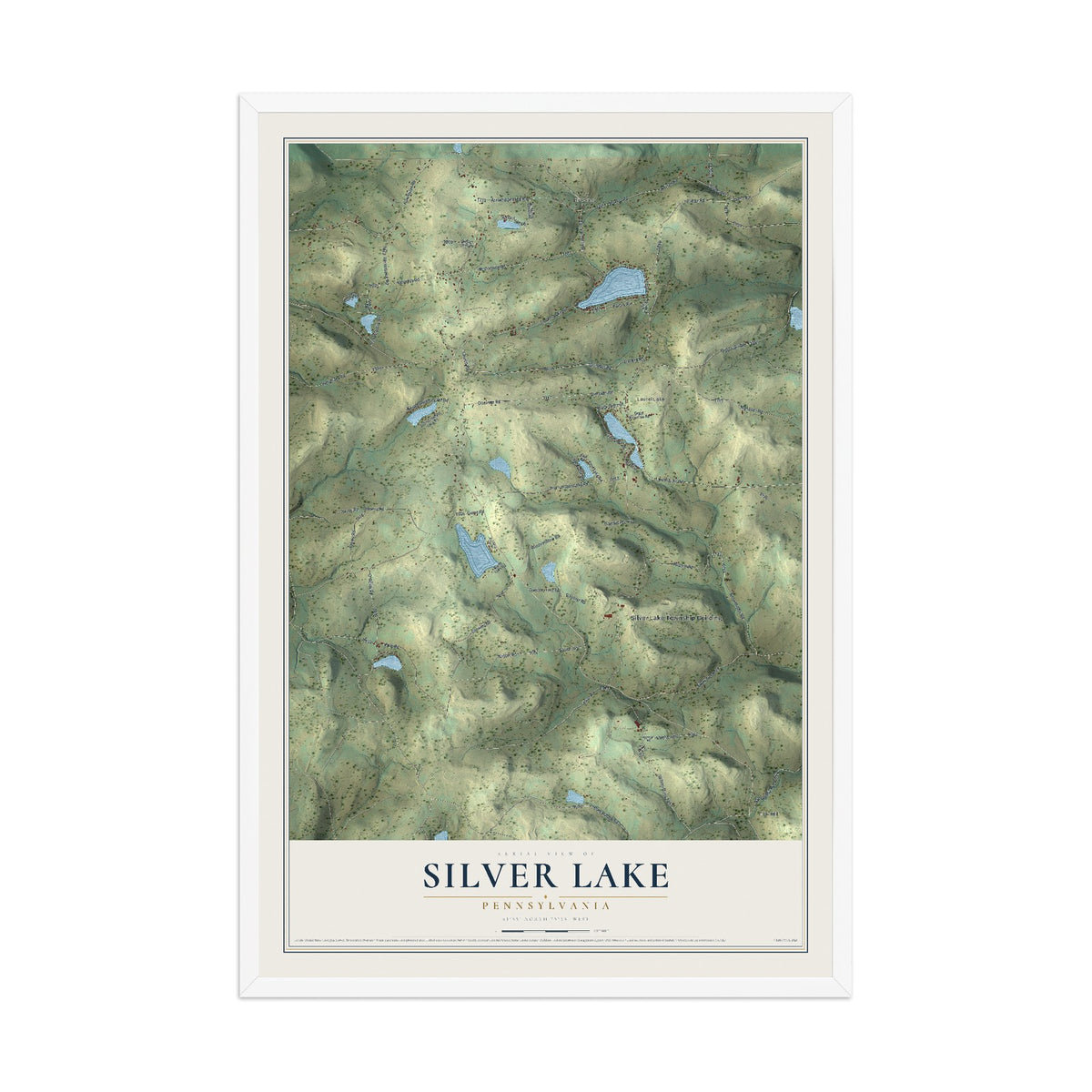 Map of Silver Lake, Pennsylvania, 12 x 18 inch print in a white wood frame
