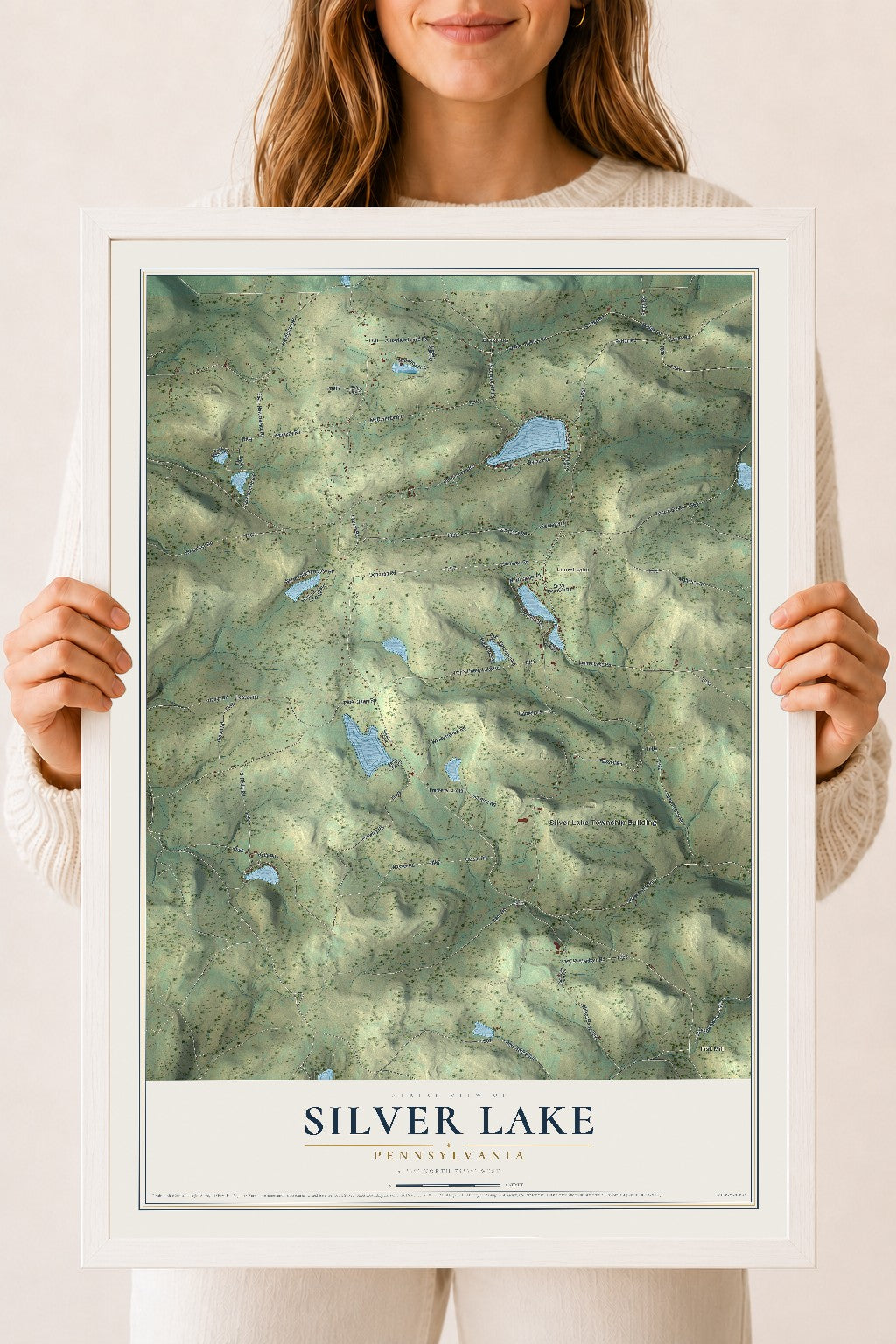 Map of Silver Lake, Pennsylvania, 18 x 24 inch print in a white wood frame