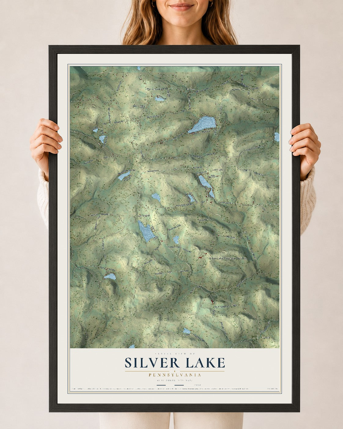 Map of Silver Lake, Pennsylvania, 24 x 36 inch print in a black wood frame