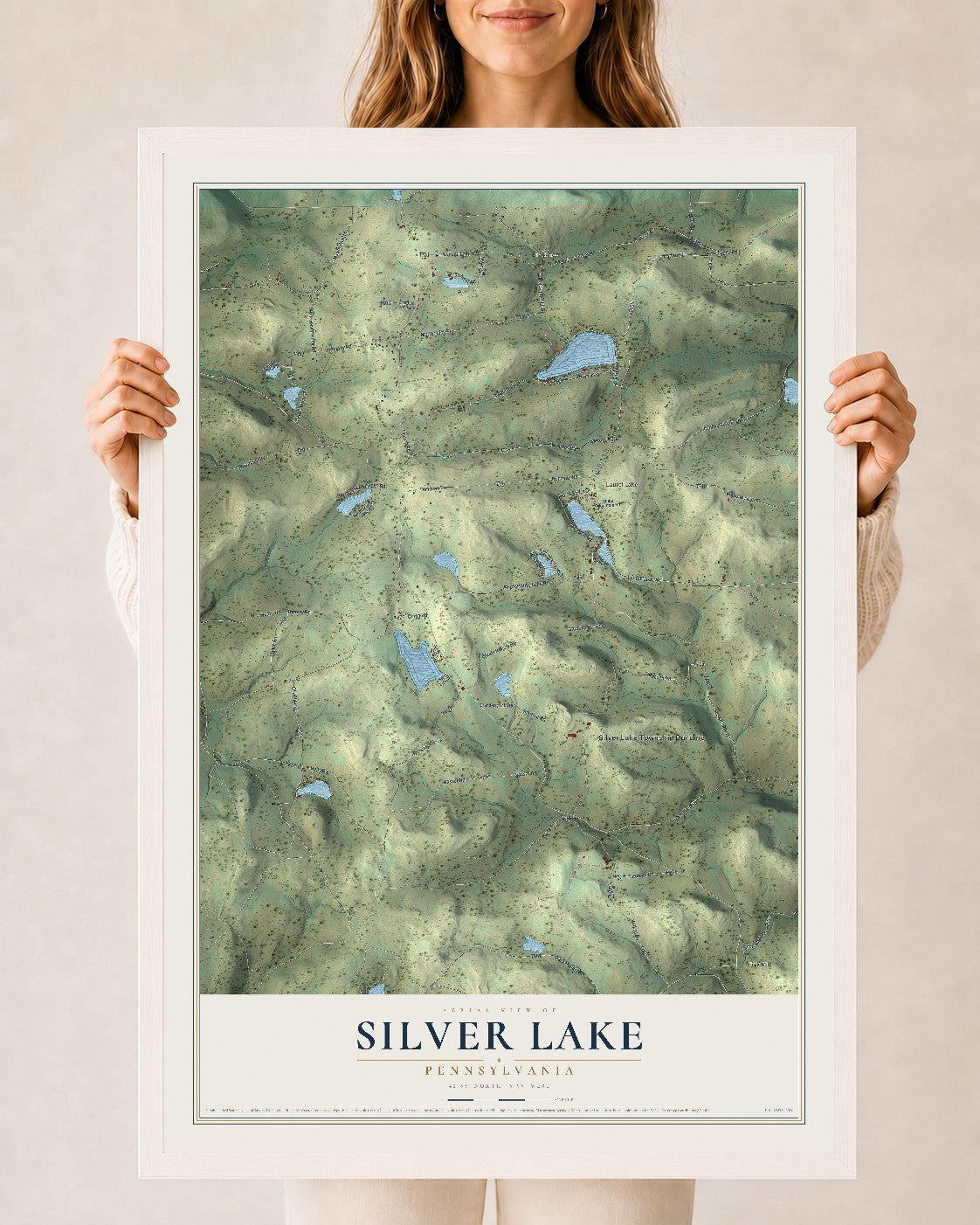 Map of Silver Lake, Pennsylvania, 24 x 36 inch print in a white wood frame