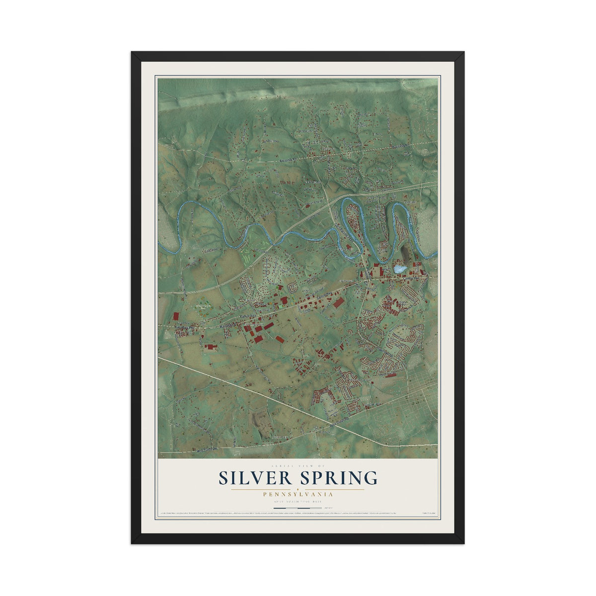 Map of Silver Spring, Pennsylvania, 12 x 18 inch print in a black wood frame