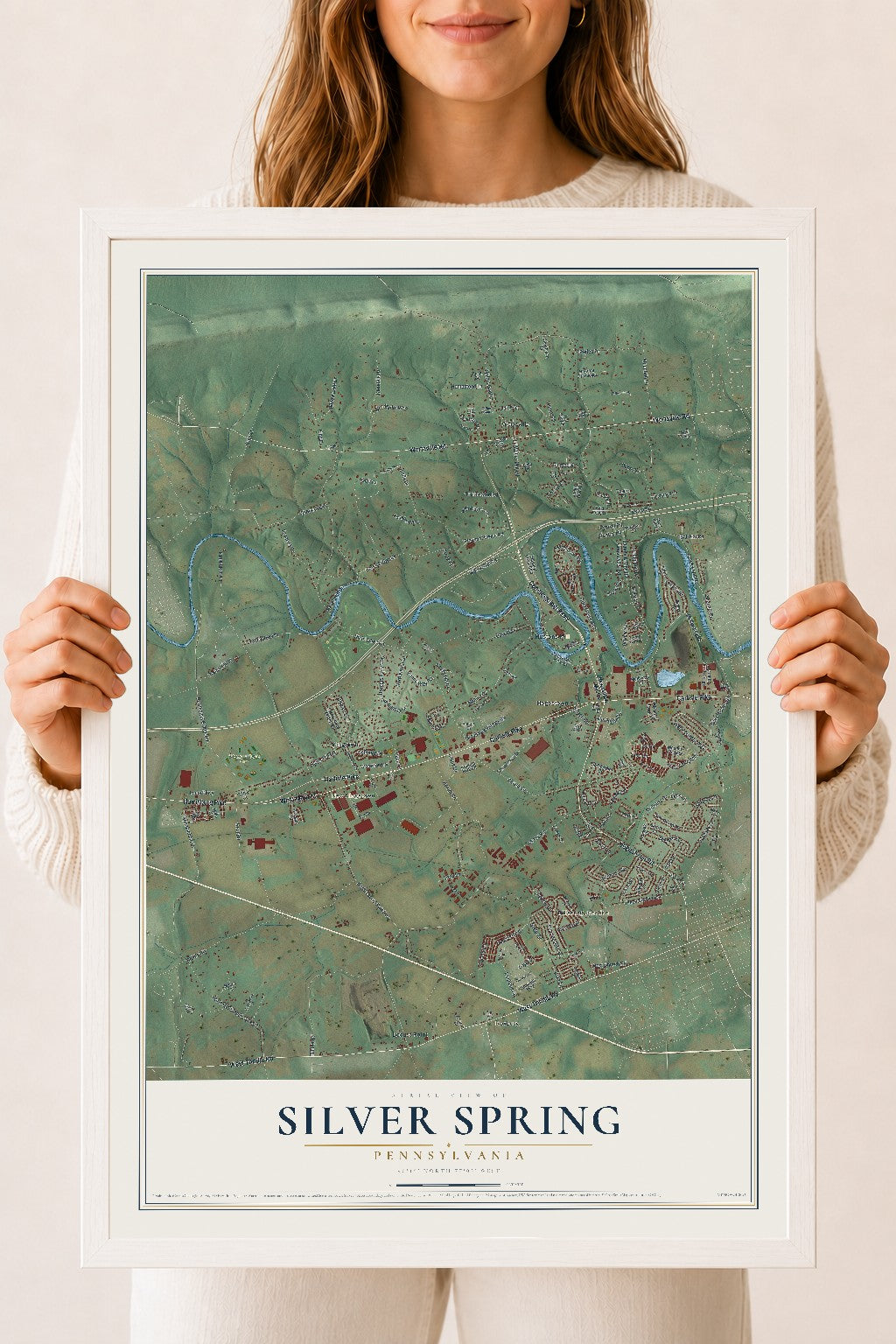 Map of Silver Spring, Pennsylvania, 18 x 24 inch print in a white wood frame