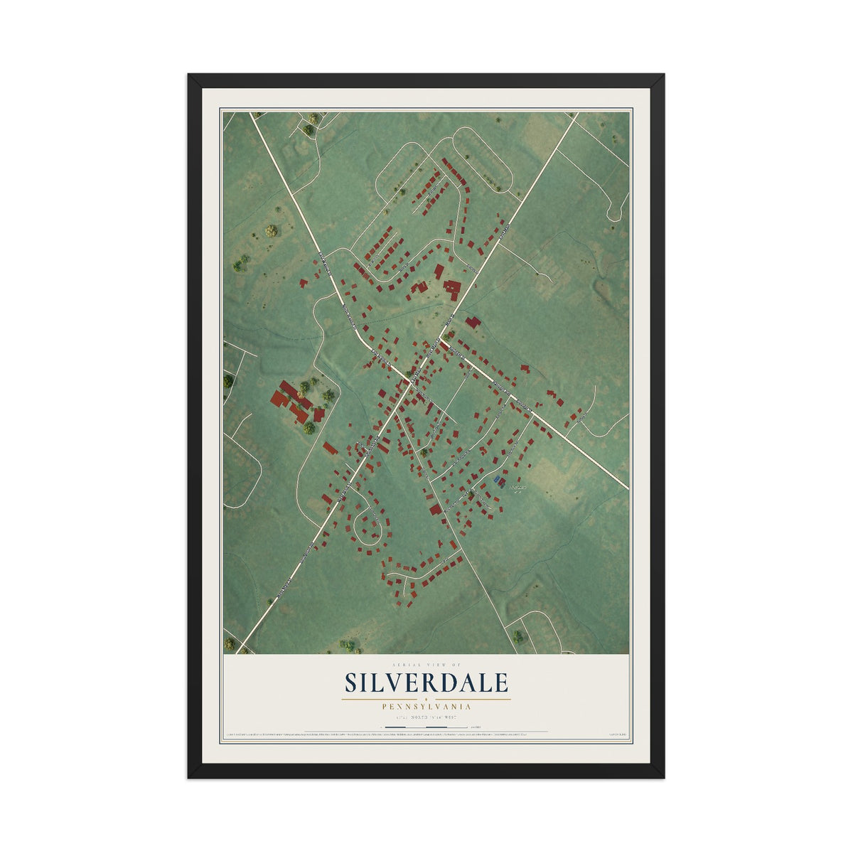 Map of Silverdale, Pennsylvania, 12 x 18 inch print in a black wood frame