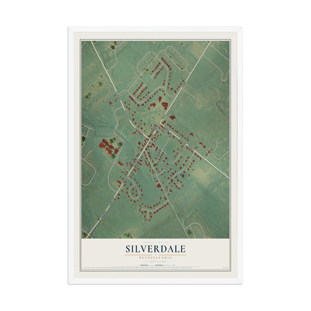 Map of Silverdale, Pennsylvania, 12 x 18 inch print in a white wood frame