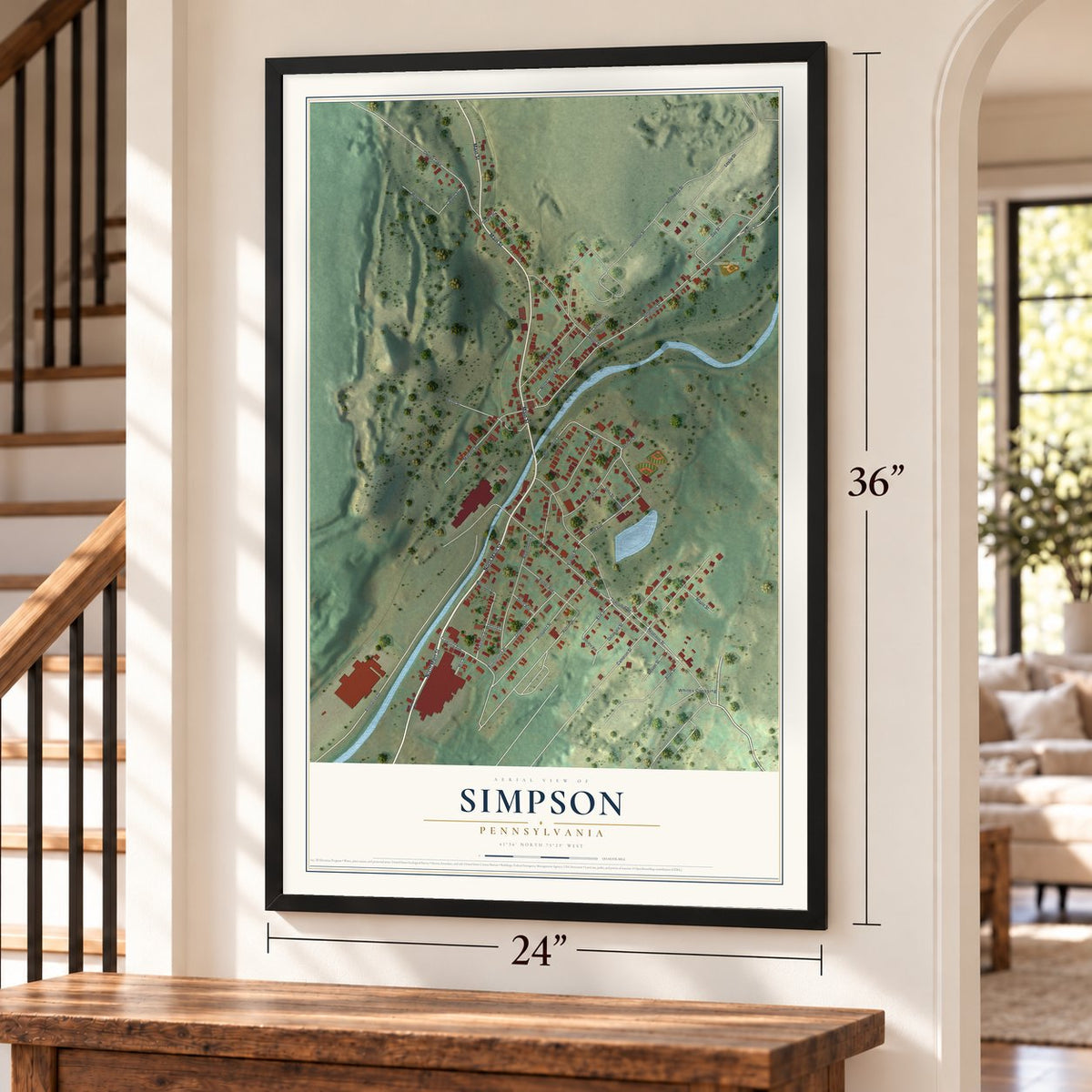 Simpson, Pennsylvania map, 24 x 36 inch print in a black frame by a staircase