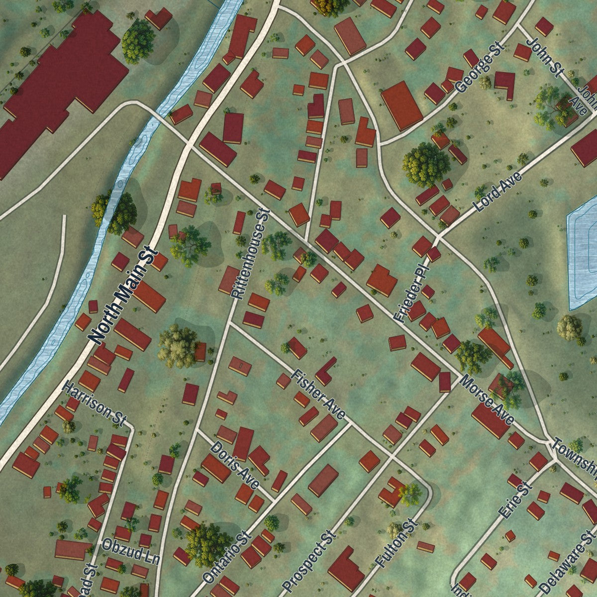 Close-up of the map of Simpson, Pennsylvania print showing street and building detail