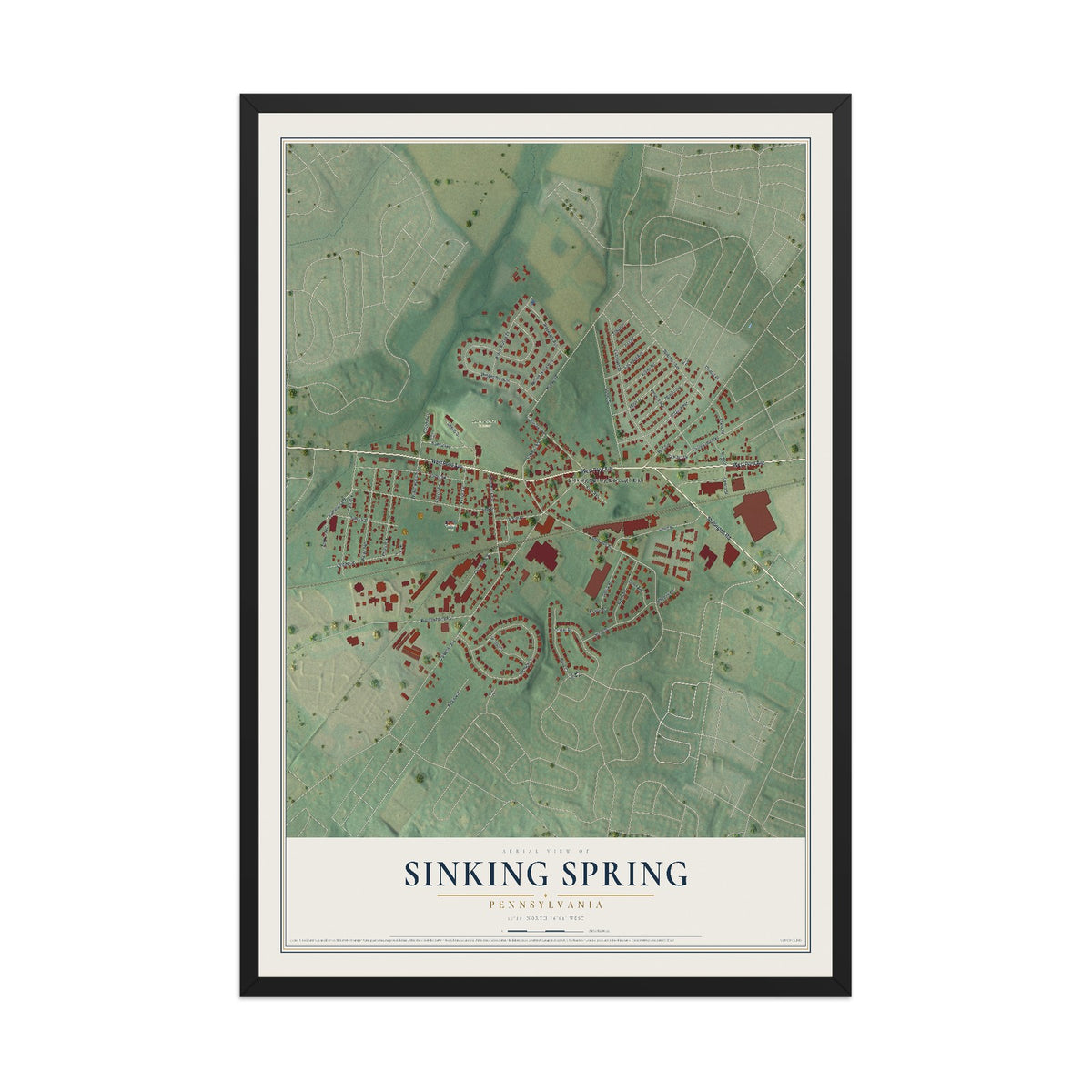 Map of Sinking Spring, Pennsylvania, 12 x 18 inch print in a black wood frame