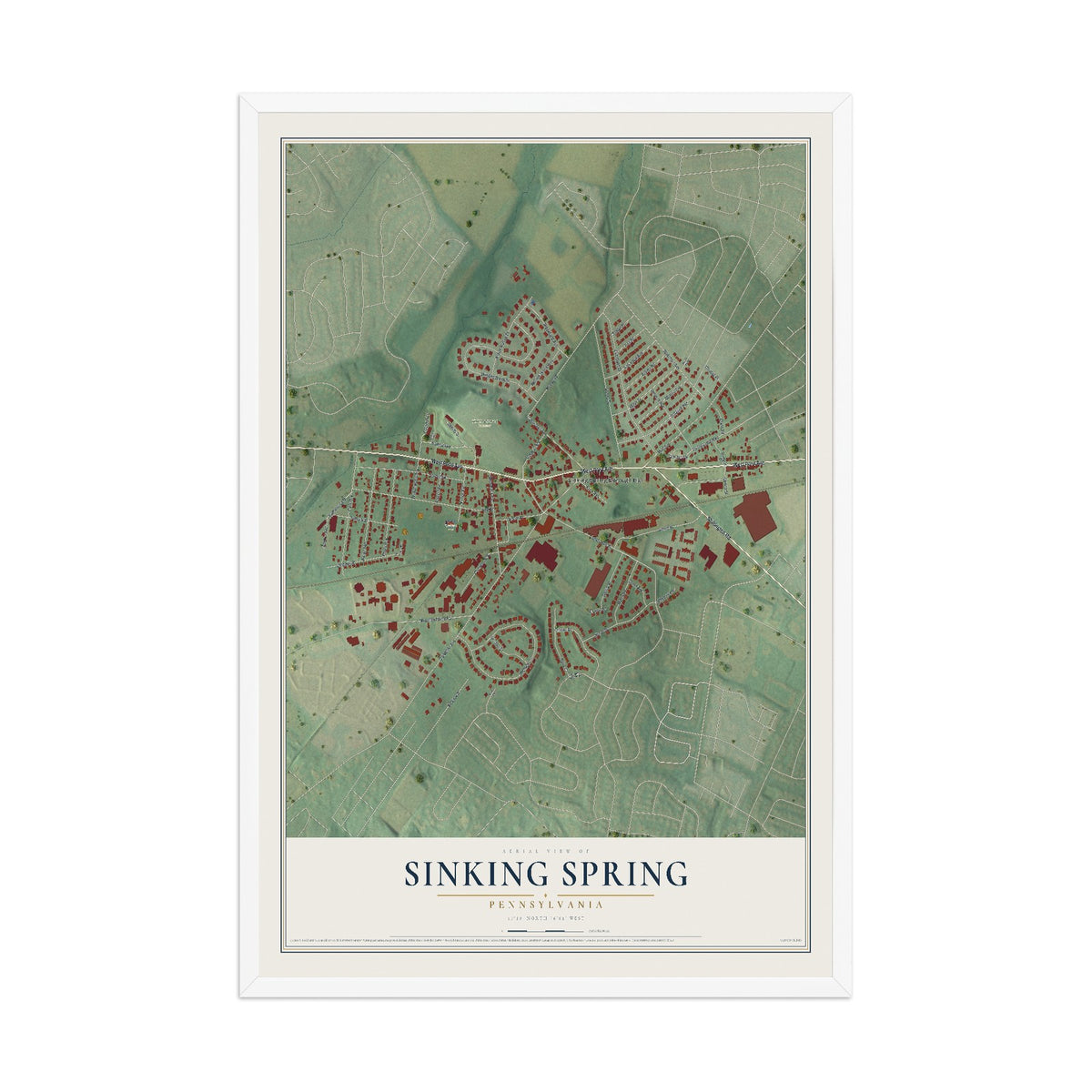 Map of Sinking Spring, Pennsylvania, 12 x 18 inch print in a white wood frame