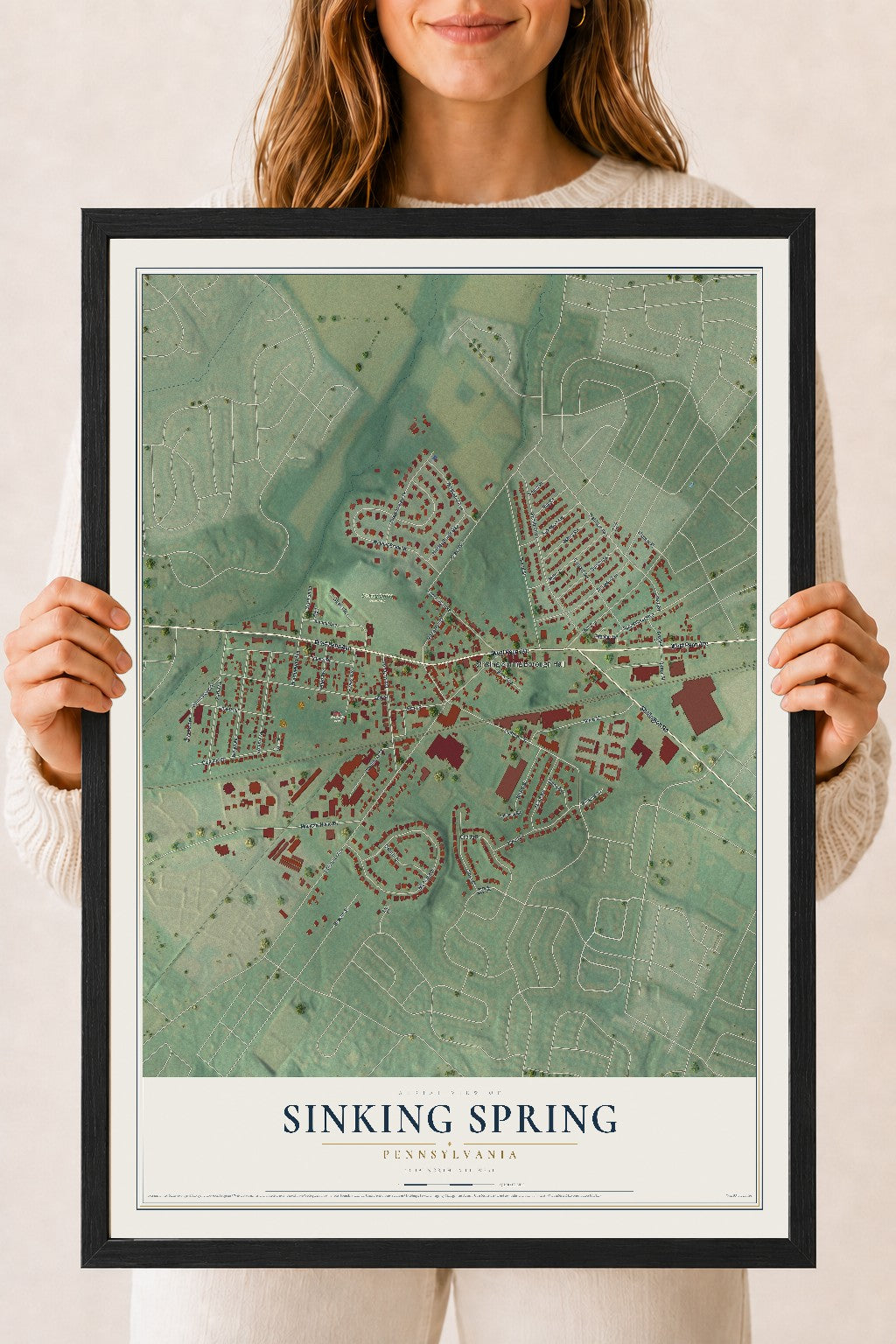 Map of Sinking Spring, Pennsylvania, 18 x 24 inch print in a black wood frame