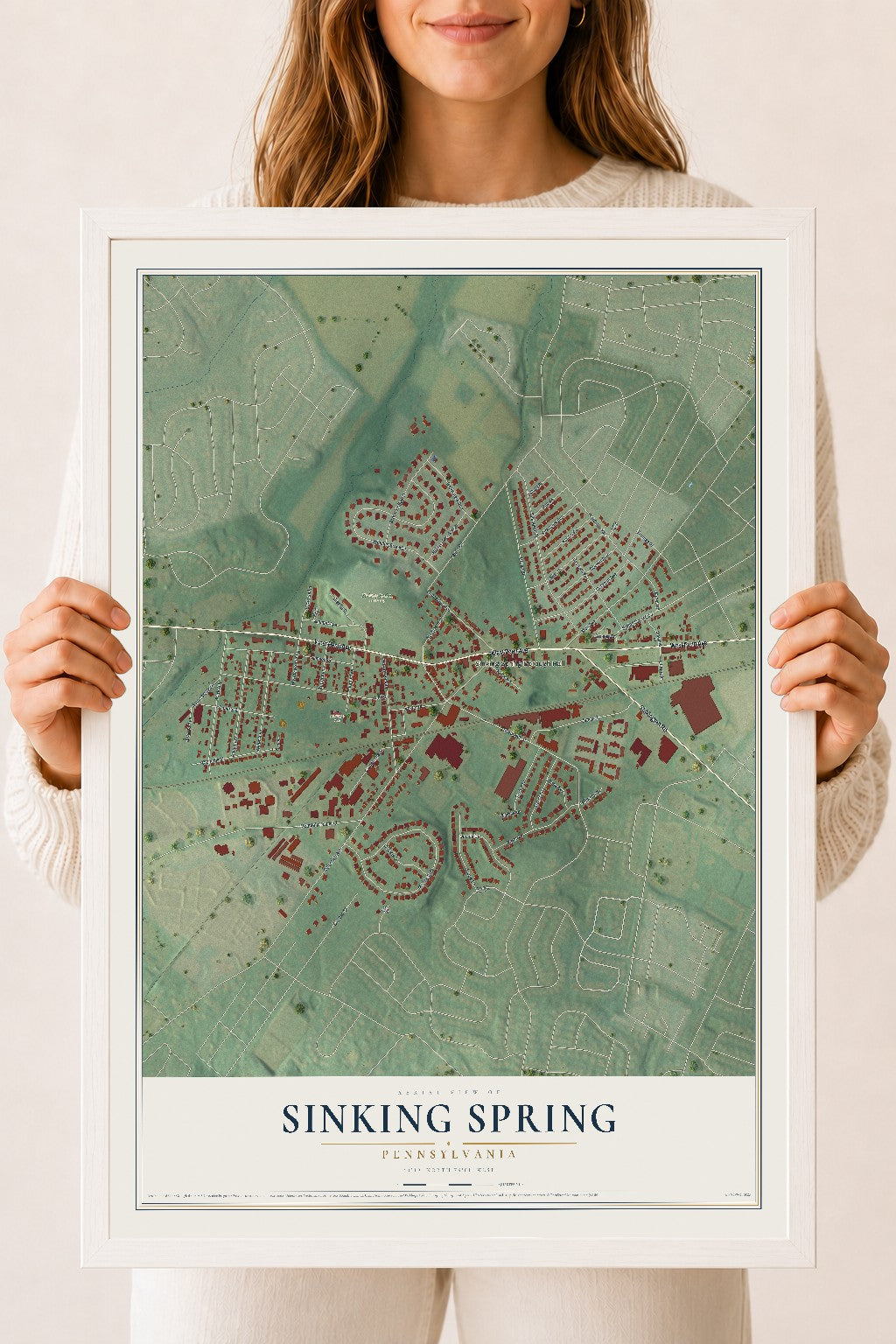 Map of Sinking Spring, Pennsylvania, 18 x 24 inch print in a white wood frame