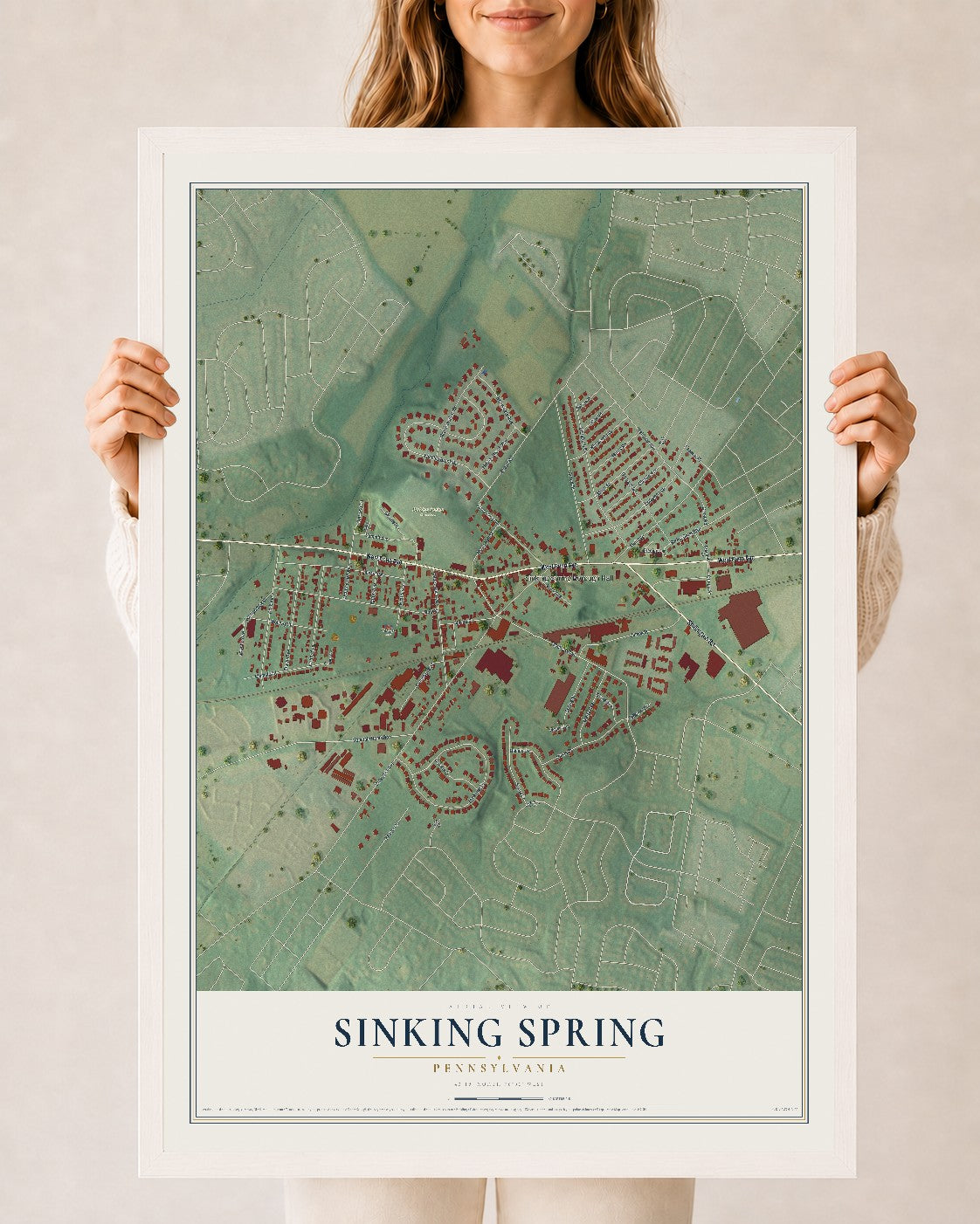 Map of Sinking Spring, Pennsylvania, 24 x 36 inch print in a white wood frame