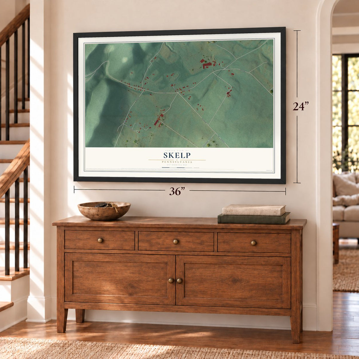 Skelp, Pennsylvania map, 24 x 36 inch print in a black frame above a dresser by a staircase