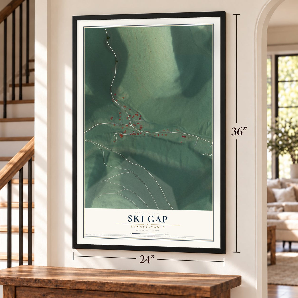 Ski Gap, Pennsylvania map, 24 x 36 inch print in a black frame by a staircase
