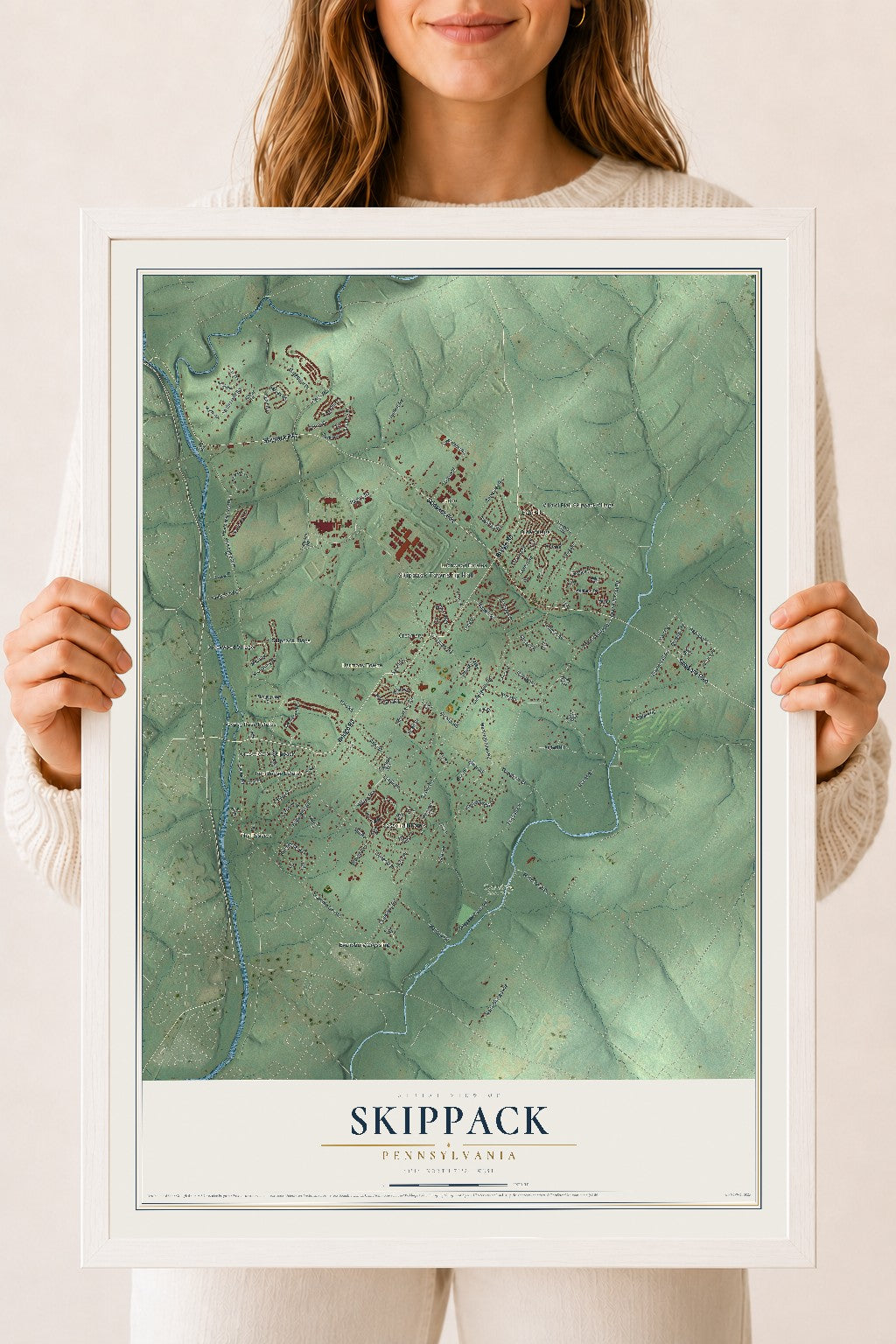 Map of Skippack, Pennsylvania, 18 x 24 inch print in a white wood frame