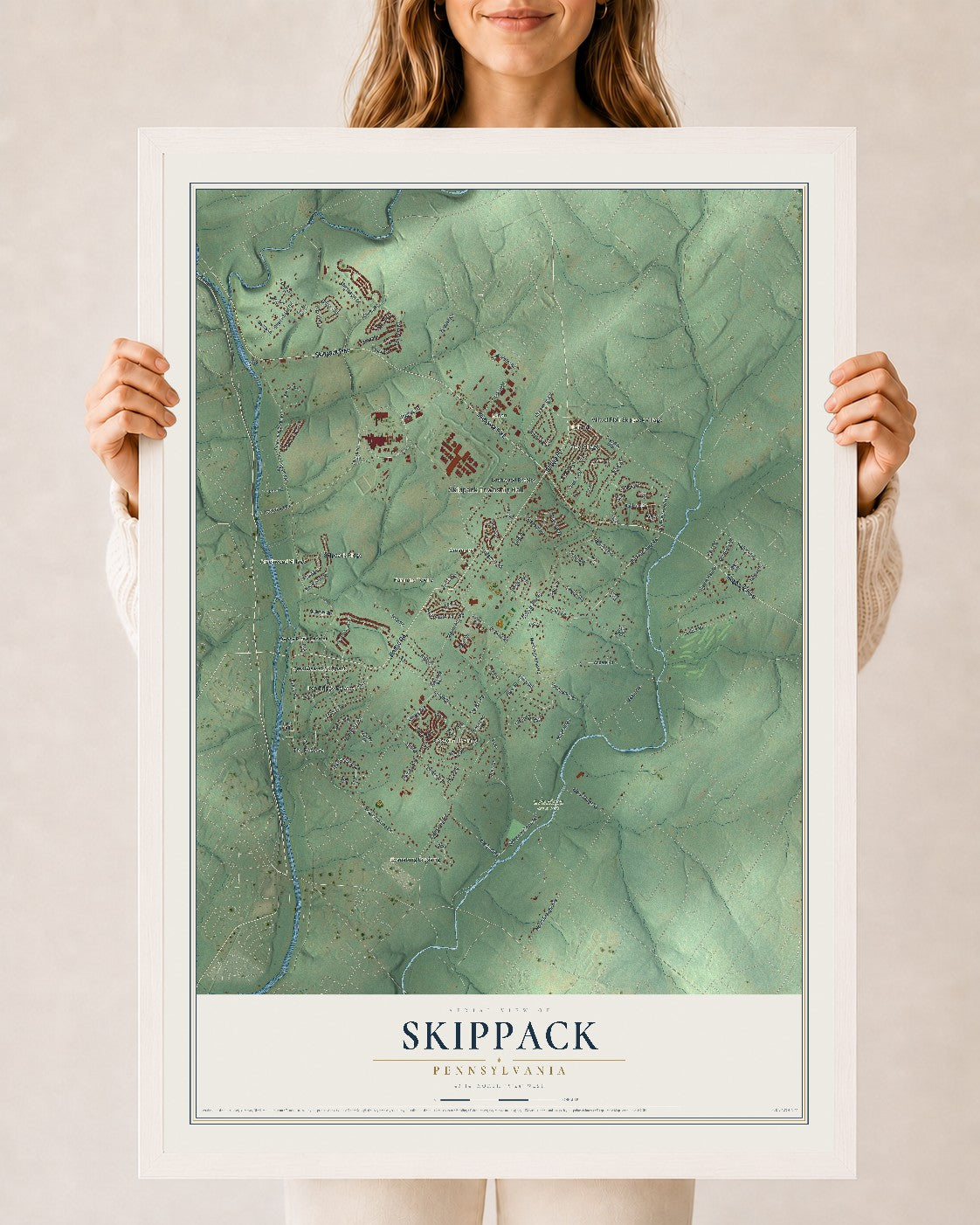 Map of Skippack, Pennsylvania, 24 x 36 inch print in a white wood frame