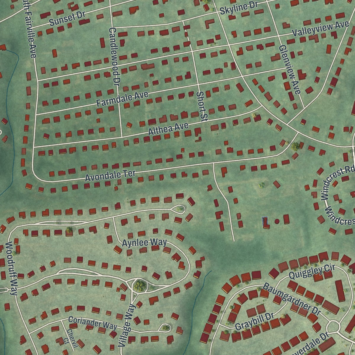 Close-up of the map of Skyline View, Pennsylvania print showing street and building detail