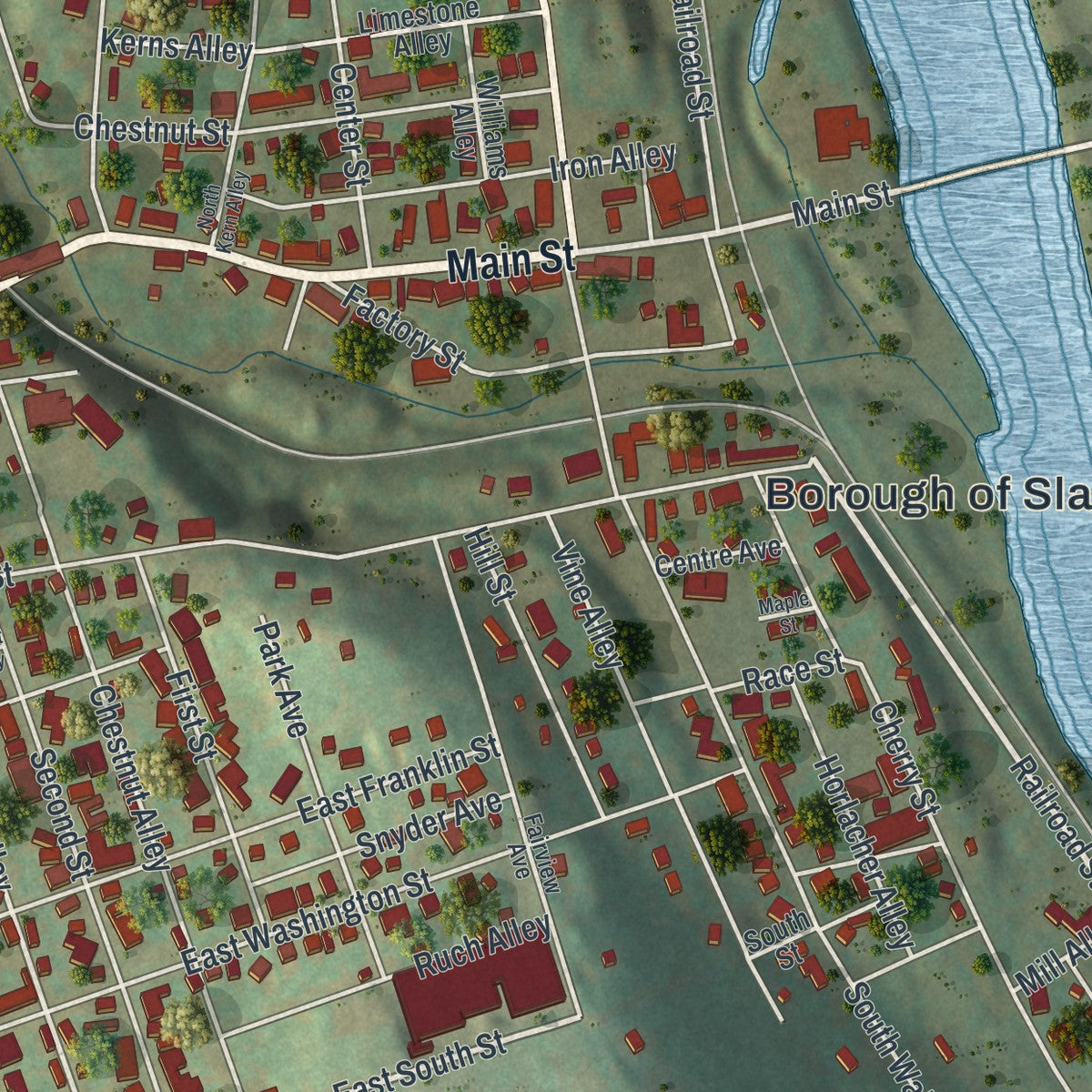 Close-up of the map of Slatington, Pennsylvania print showing street and building detail