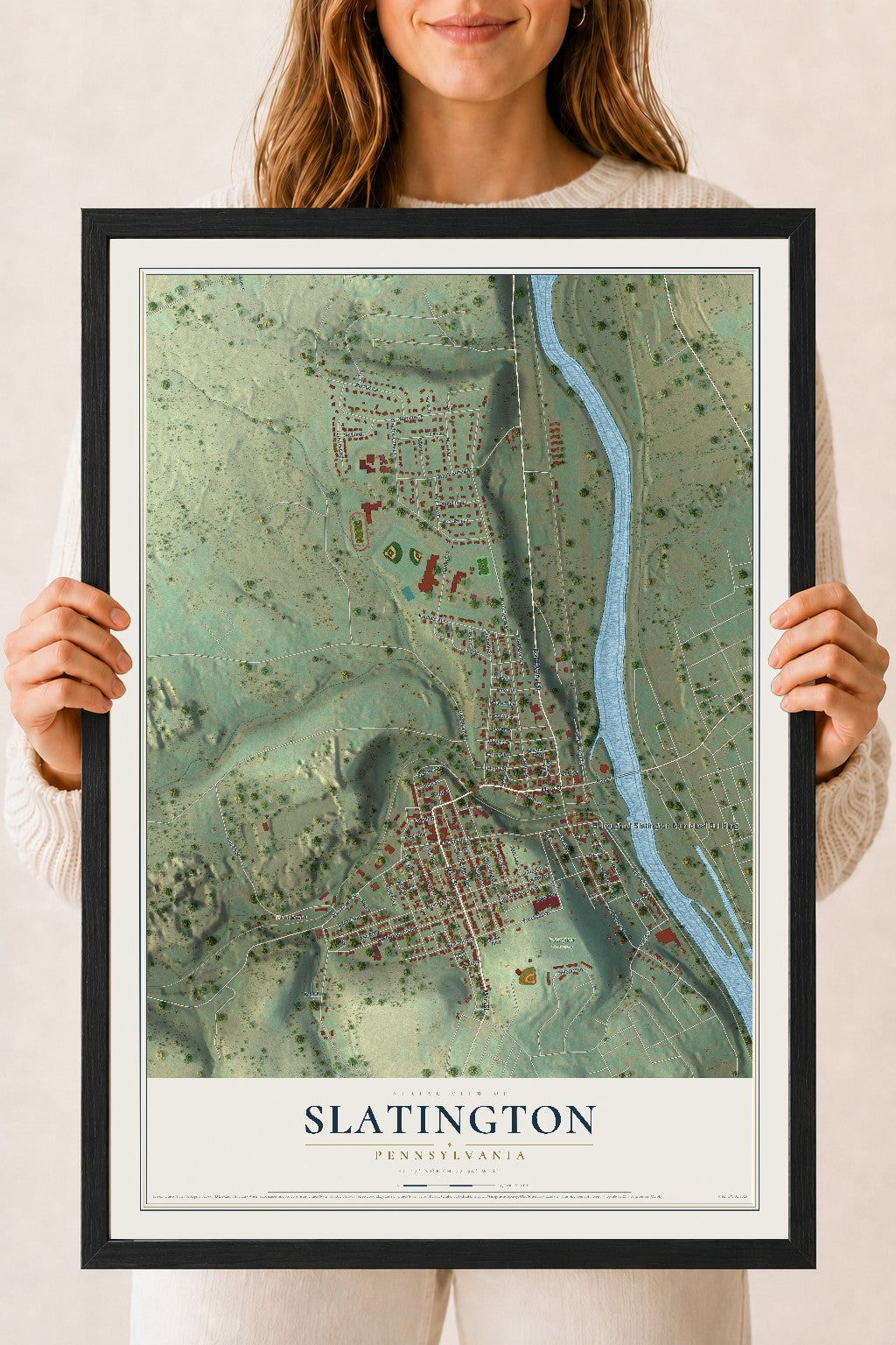 Map of Slatington, Pennsylvania, 18 x 24 inch print in a black wood frame