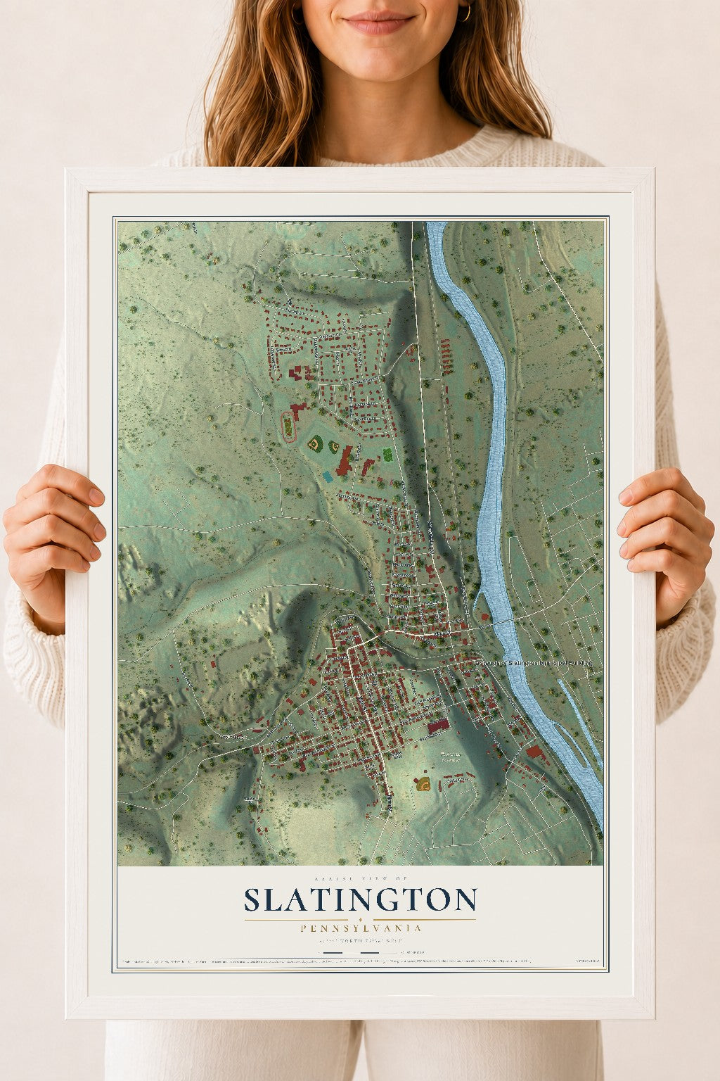Map of Slatington, Pennsylvania, 18 x 24 inch print in a white wood frame