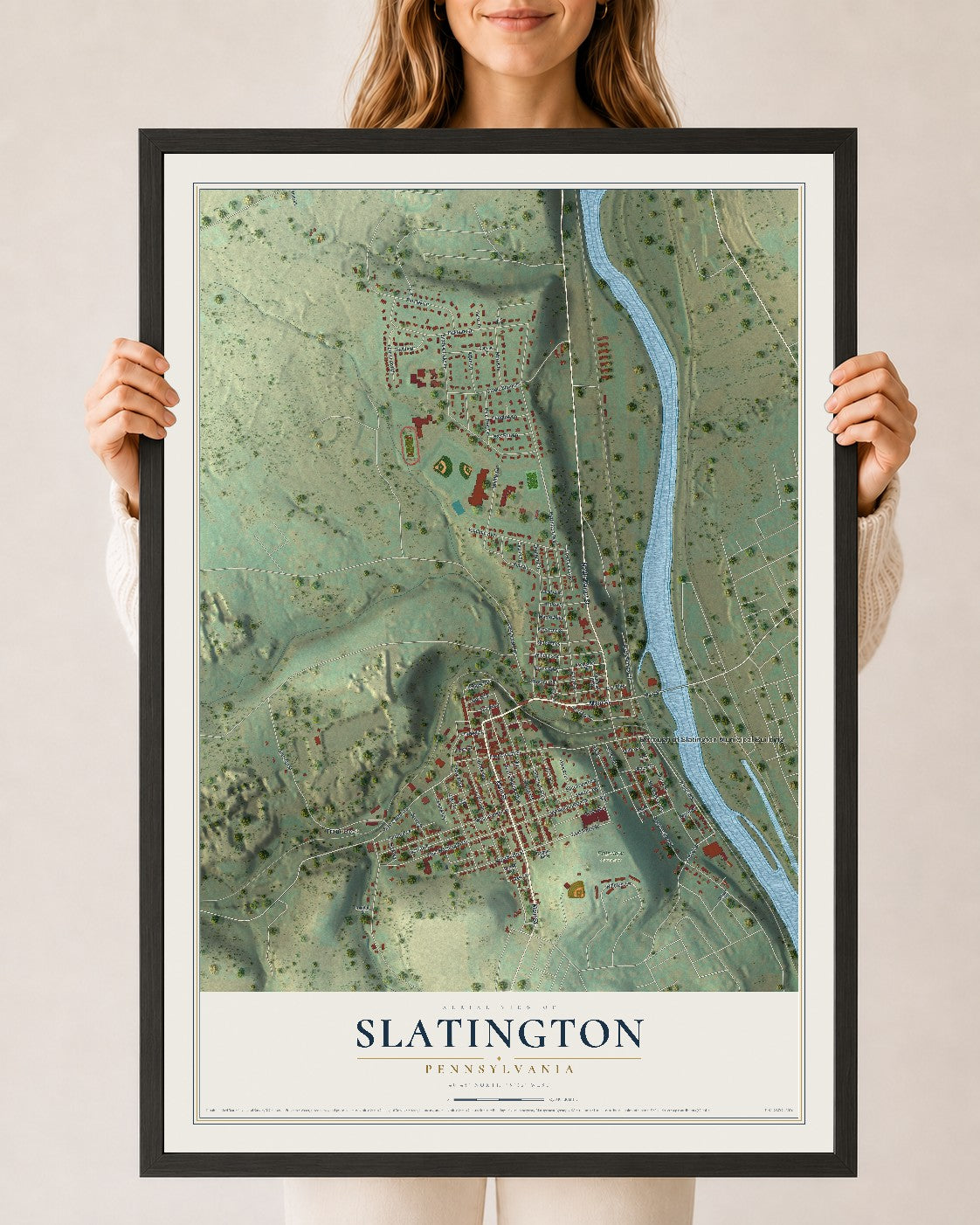 Map of Slatington, Pennsylvania, 24 x 36 inch print in a black wood frame