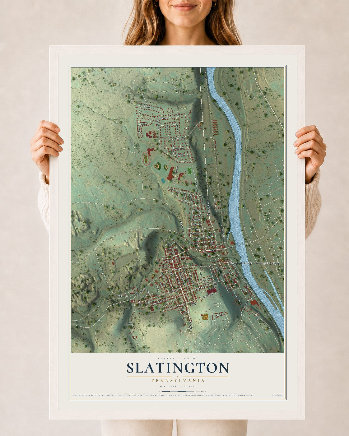 Map of Slatington, Pennsylvania, 24 x 36 inch print in a white wood frame