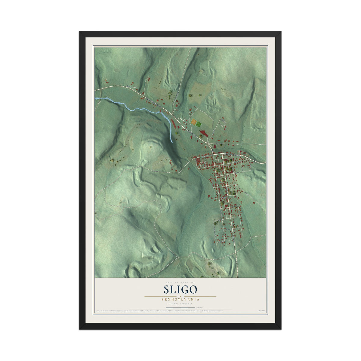 Map of Sligo, Pennsylvania, 12 x 18 inch print in a black wood frame