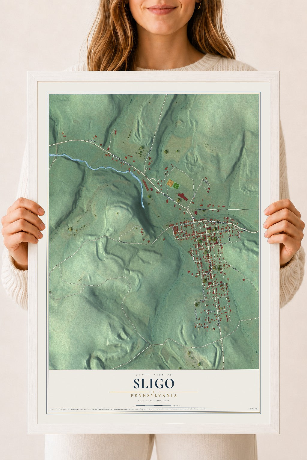 Map of Sligo, Pennsylvania, 18 x 24 inch print in a white wood frame