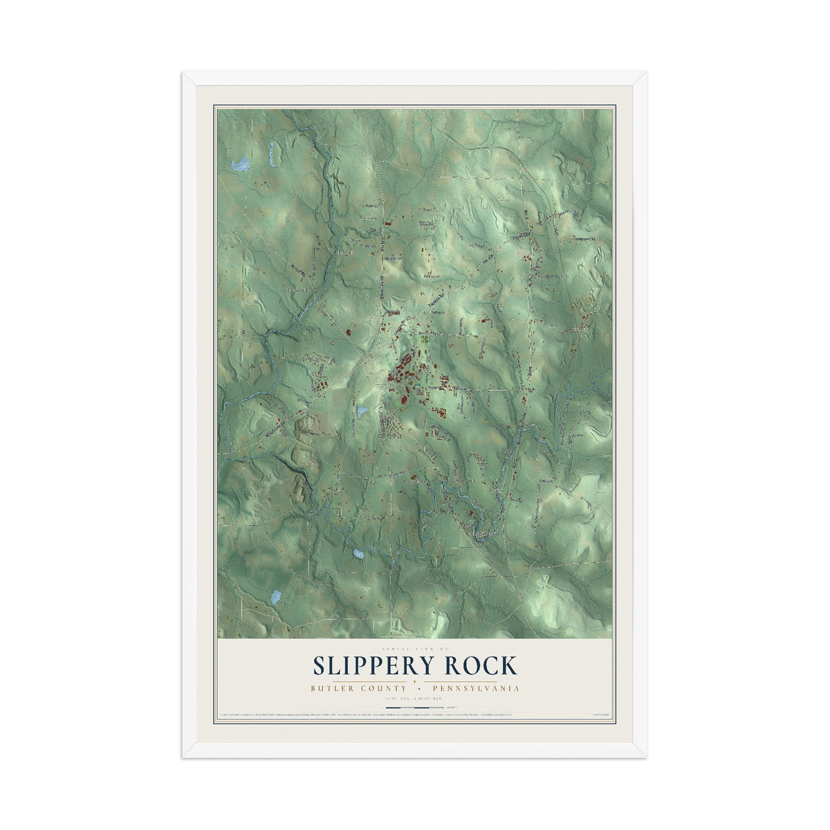 Map of Slippery Rock, Butler County, Pennsylvania, 12 x 18 inch print in a white wood frame