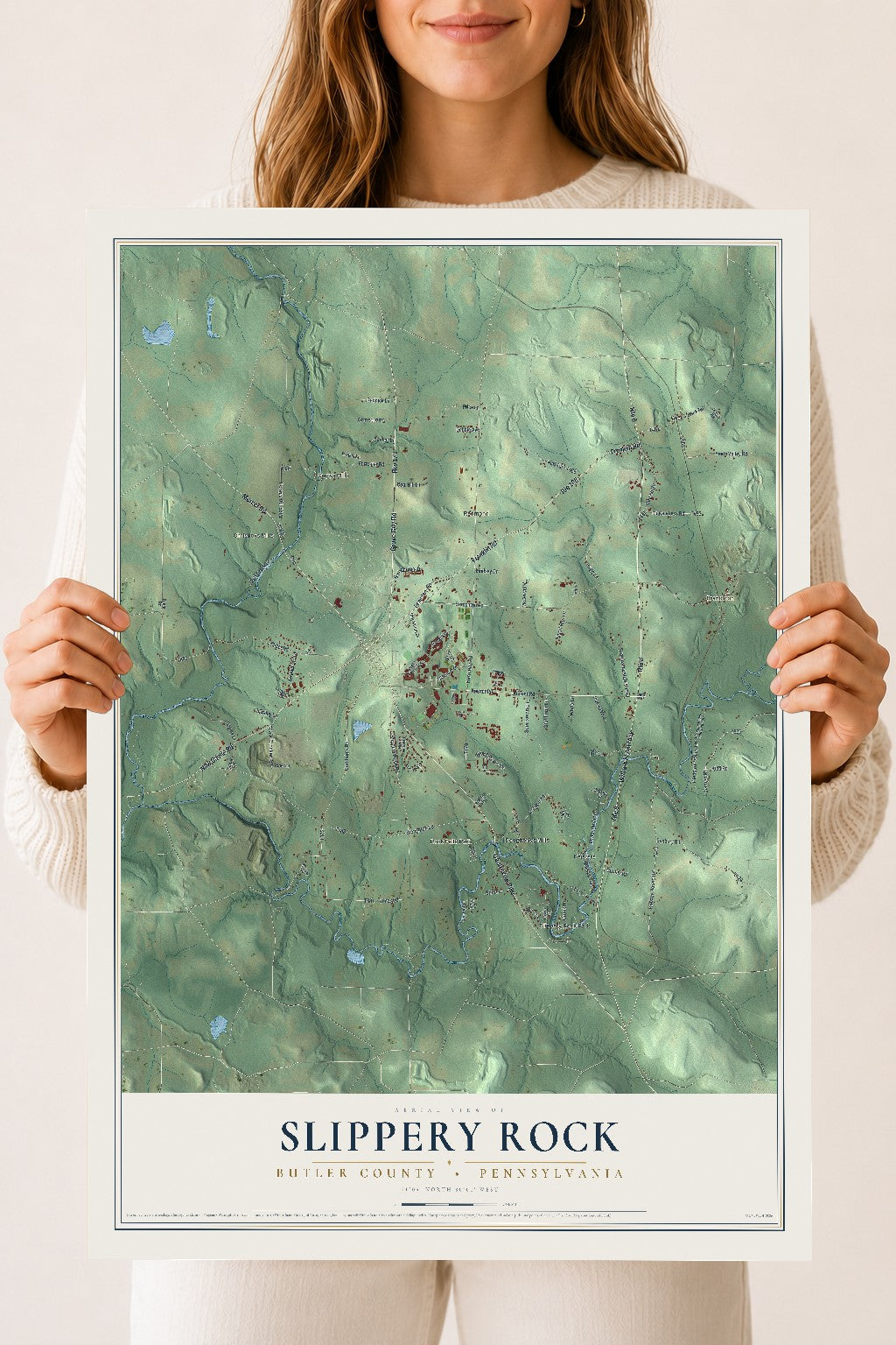 Map of Slippery Rock, Butler County, Pennsylvania, 18 x 24 inch unframed archival matte print