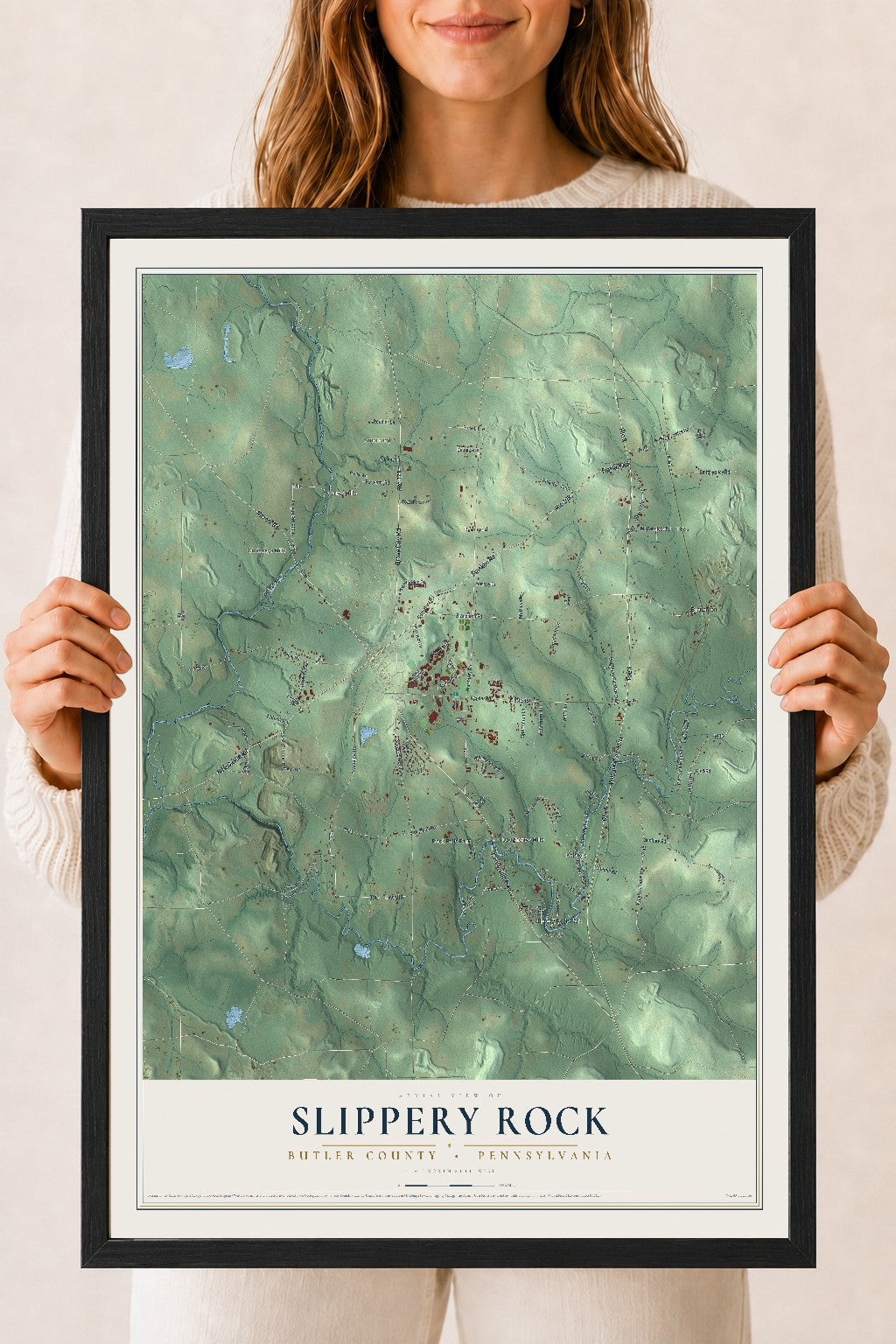 Map of Slippery Rock, Butler County, Pennsylvania, 18 x 24 inch print in a black wood frame