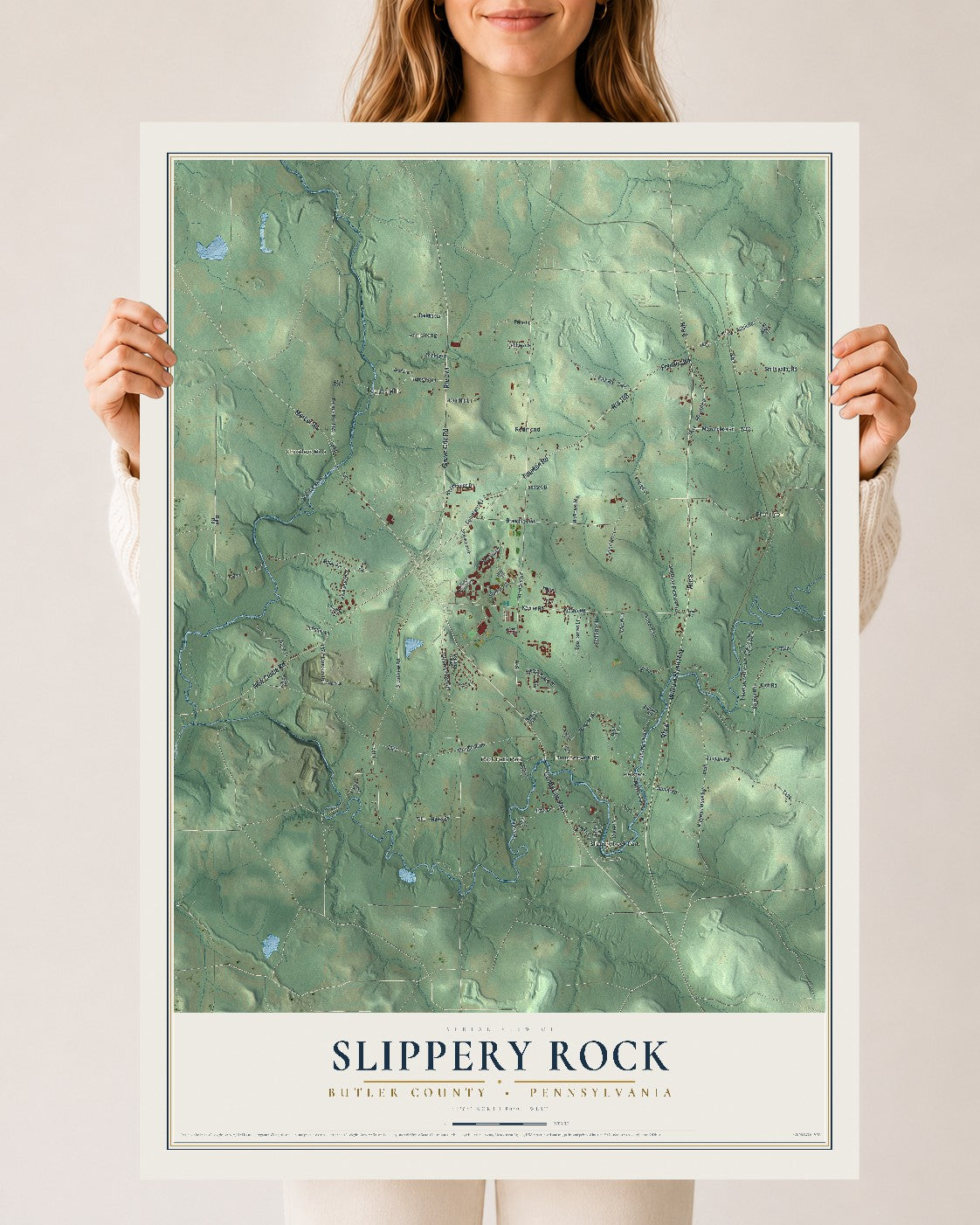 Map of Slippery Rock, Butler County, Pennsylvania, 24 x 36 inch unframed archival matte print