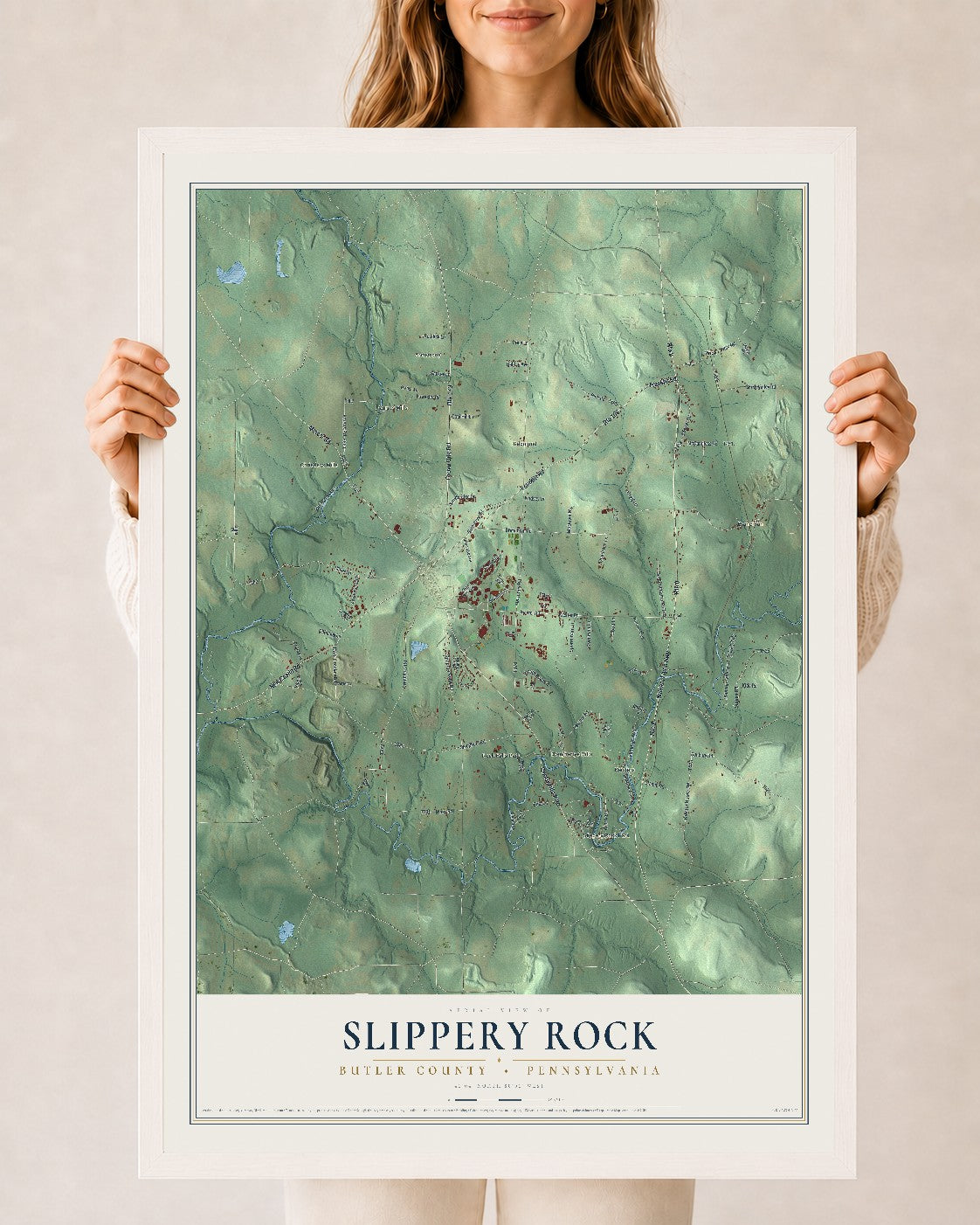 Map of Slippery Rock, Butler County, Pennsylvania, 24 x 36 inch print in a white wood frame