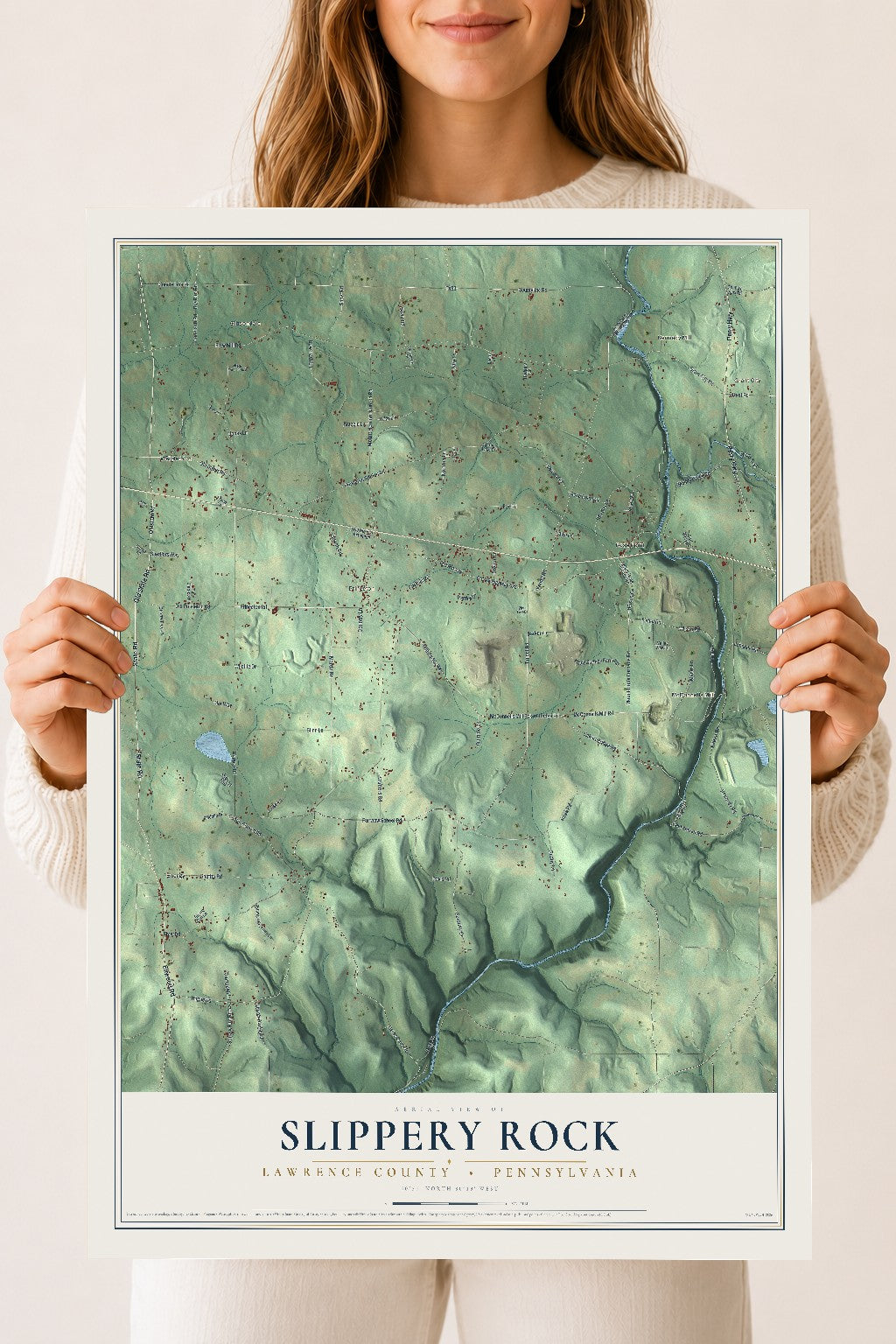 Map of Slippery Rock, Lawrence County, Pennsylvania, 18 x 24 inch unframed archival matte print