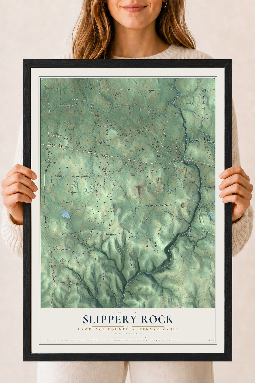 Map of Slippery Rock, Lawrence County, Pennsylvania, 18 x 24 inch print in a black wood frame