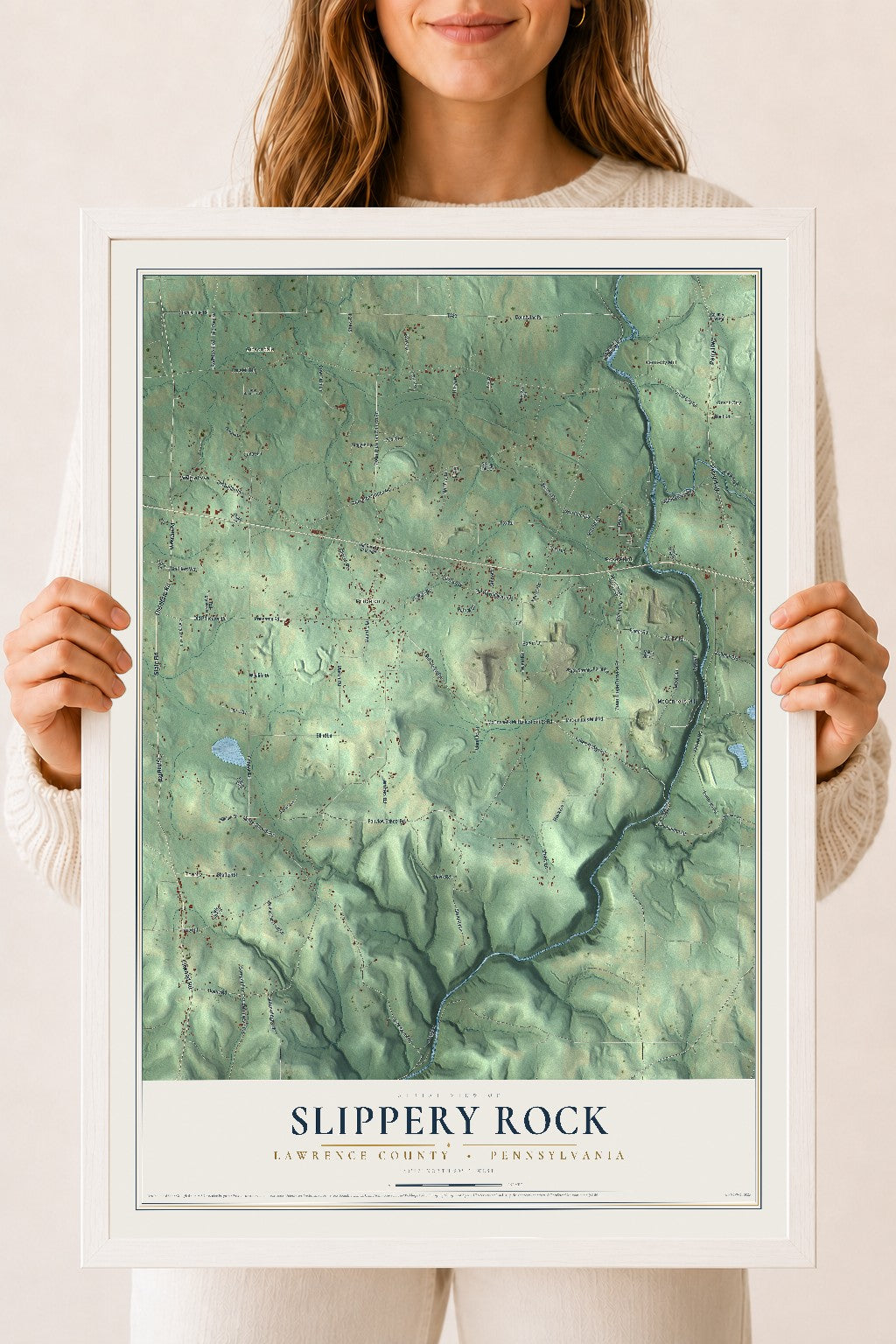 Map of Slippery Rock, Lawrence County, Pennsylvania, 18 x 24 inch print in a white wood frame