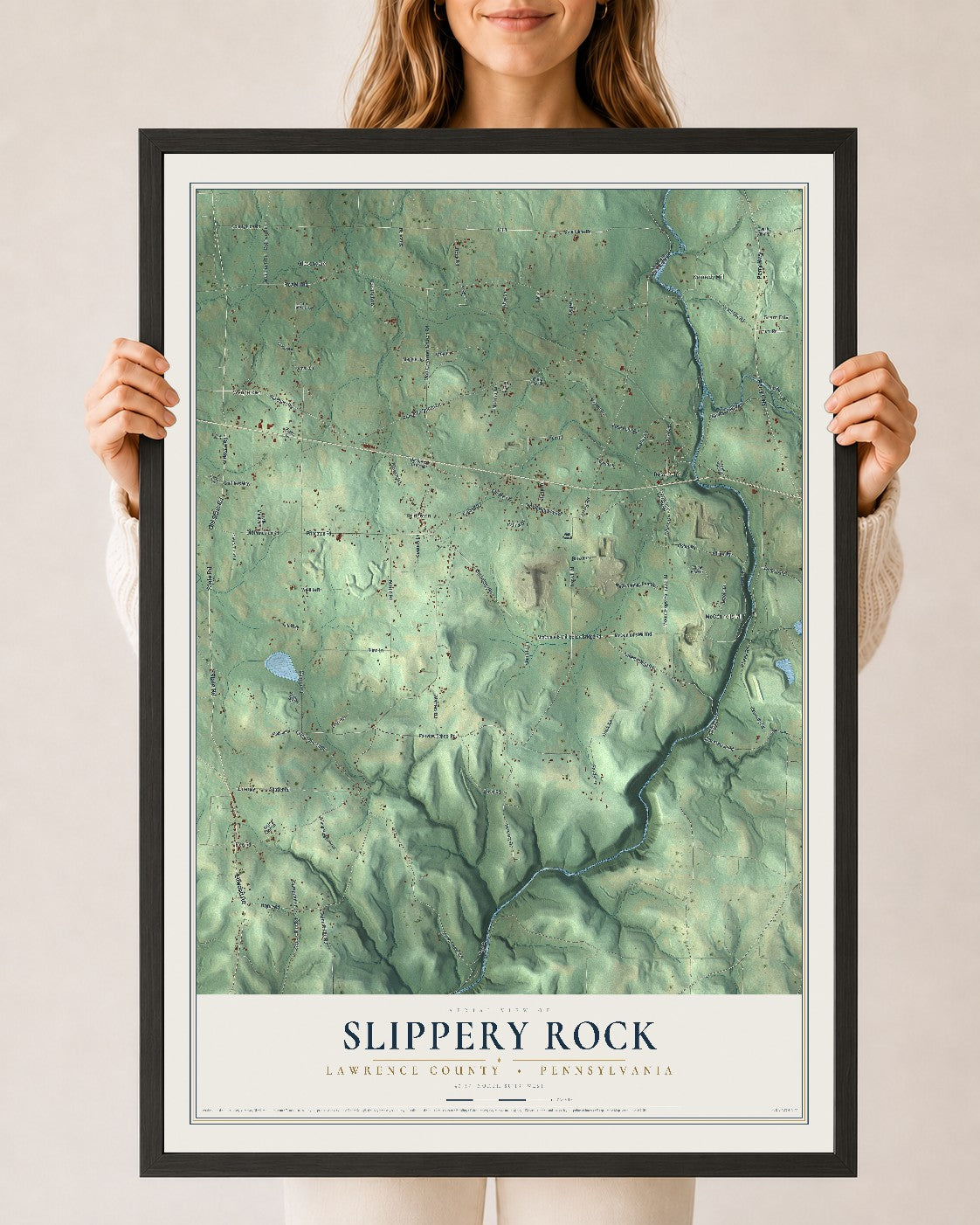 Map of Slippery Rock, Lawrence County, Pennsylvania, 24 x 36 inch print in a black wood frame