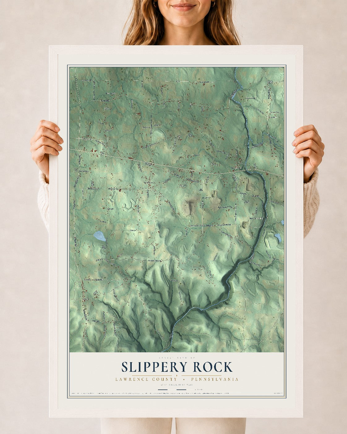 Map of Slippery Rock, Lawrence County, Pennsylvania, 24 x 36 inch print in a white wood frame