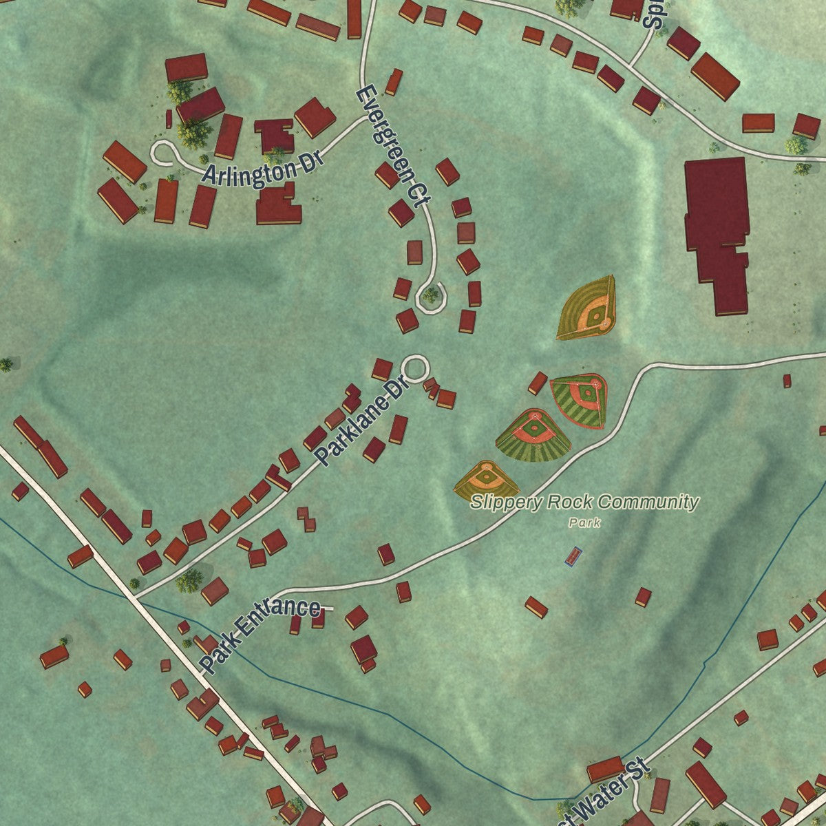 Second close-up of the map of the Borough of Slippery Rock, Butler County, Pennsylvania print showing more streets and buildings