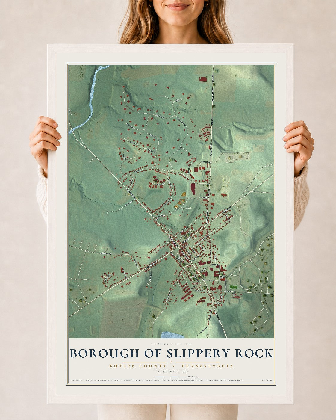 Map of the Borough of Slippery Rock, Butler County, Pennsylvania, 24 x 36 inch print in a white wood frame